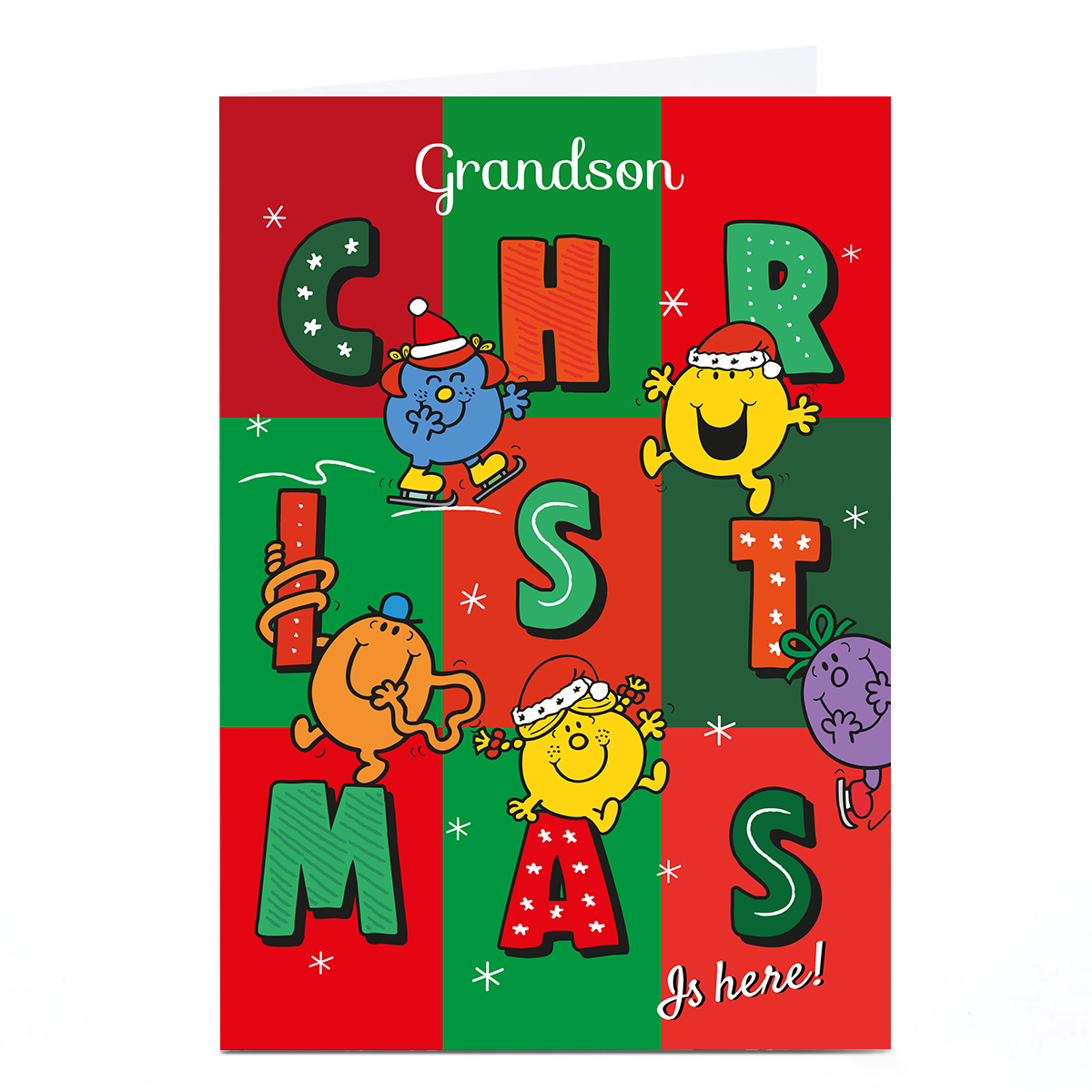 Personalised Mr Men & Little Miss Christmas Card - Christmas is here, Grandson