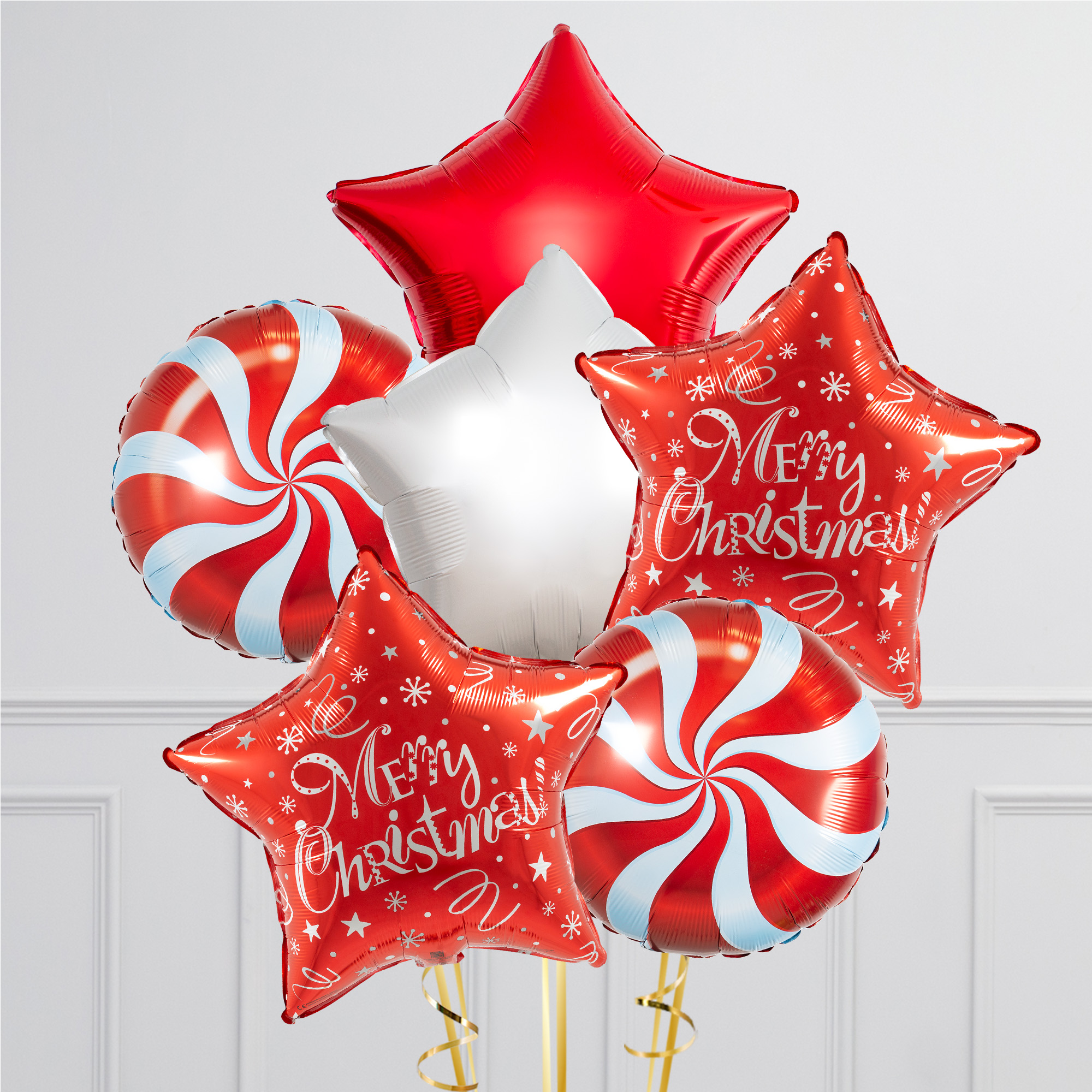 Merry Christmas Red Stars Foil Balloon Bunch - Delivered Inflated!