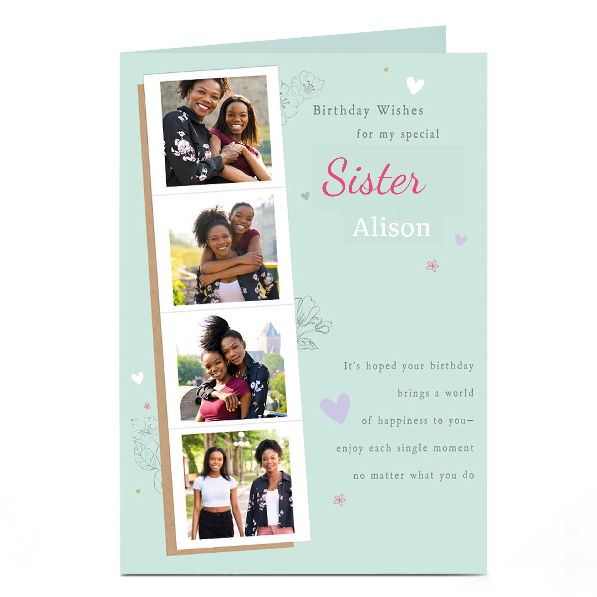 Personalised Birthday Photo Card - Teal with 4 Photo Strip - Sister