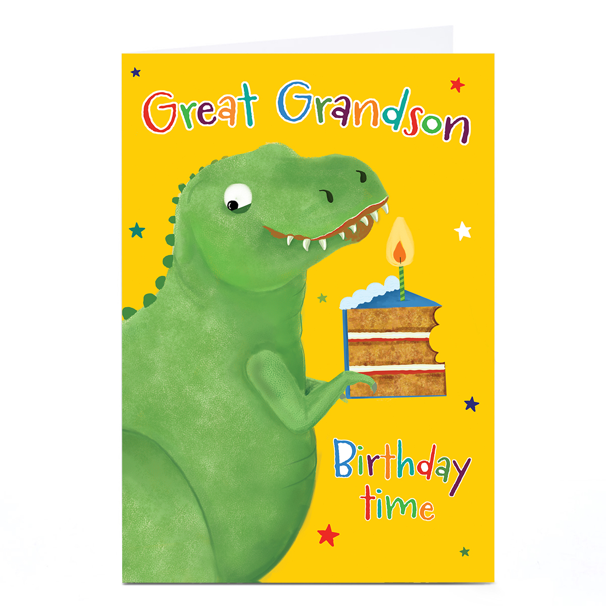 Personalised Birthday Card - T-Rex Dinosaur with Cake, Great Grandson