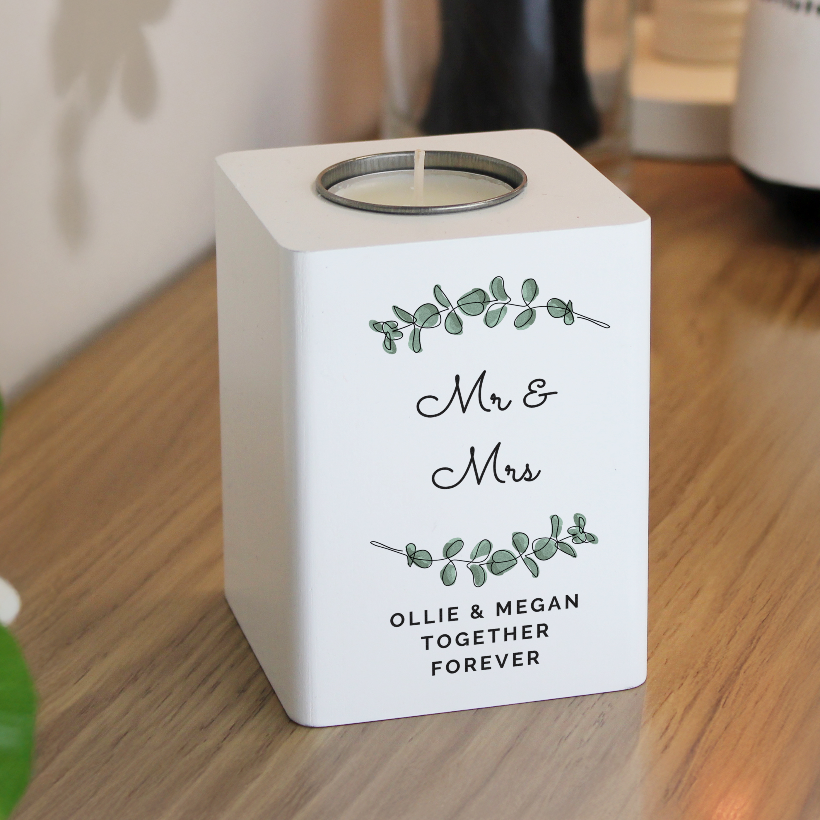 Personalised Botanical White Wooden Tea light Holder