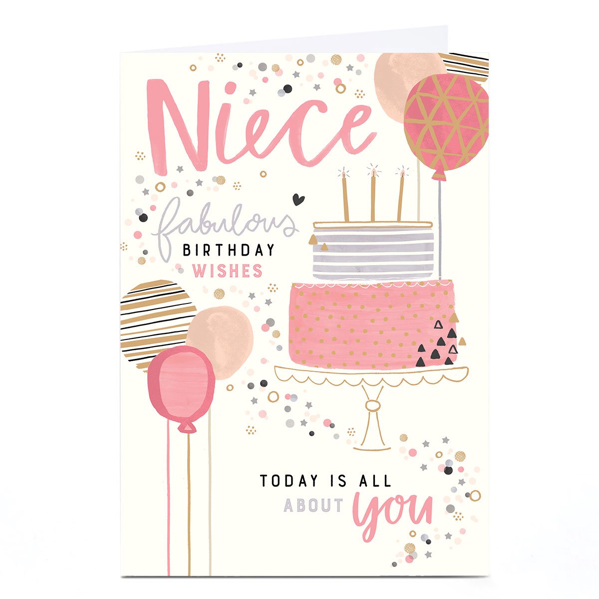 Personalised Birthday Card - Fabulous Pink Cake and Balloons, Niece