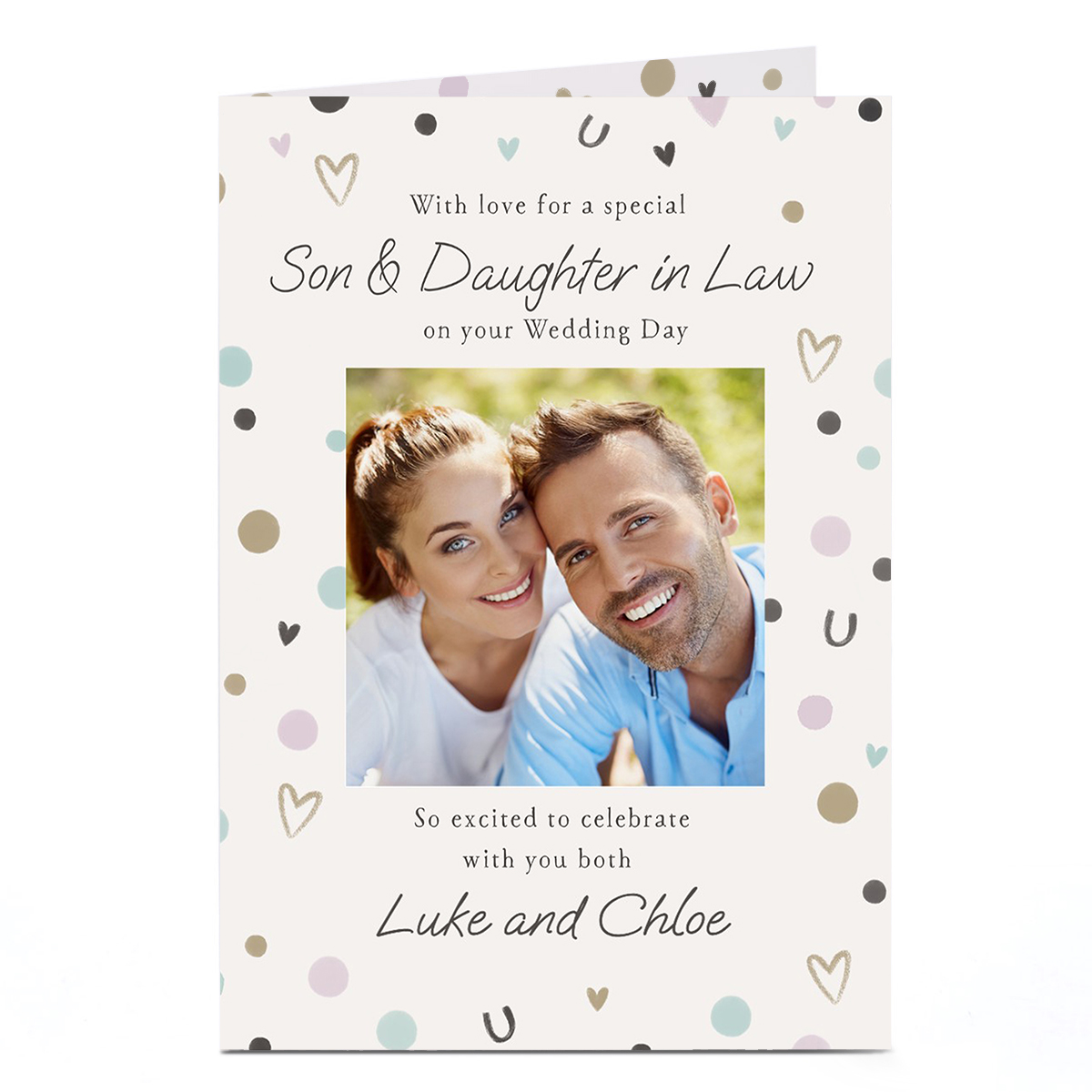Photo Wedding Card - Hearts and Lucky Horseshoes, Son & Daughter in Law