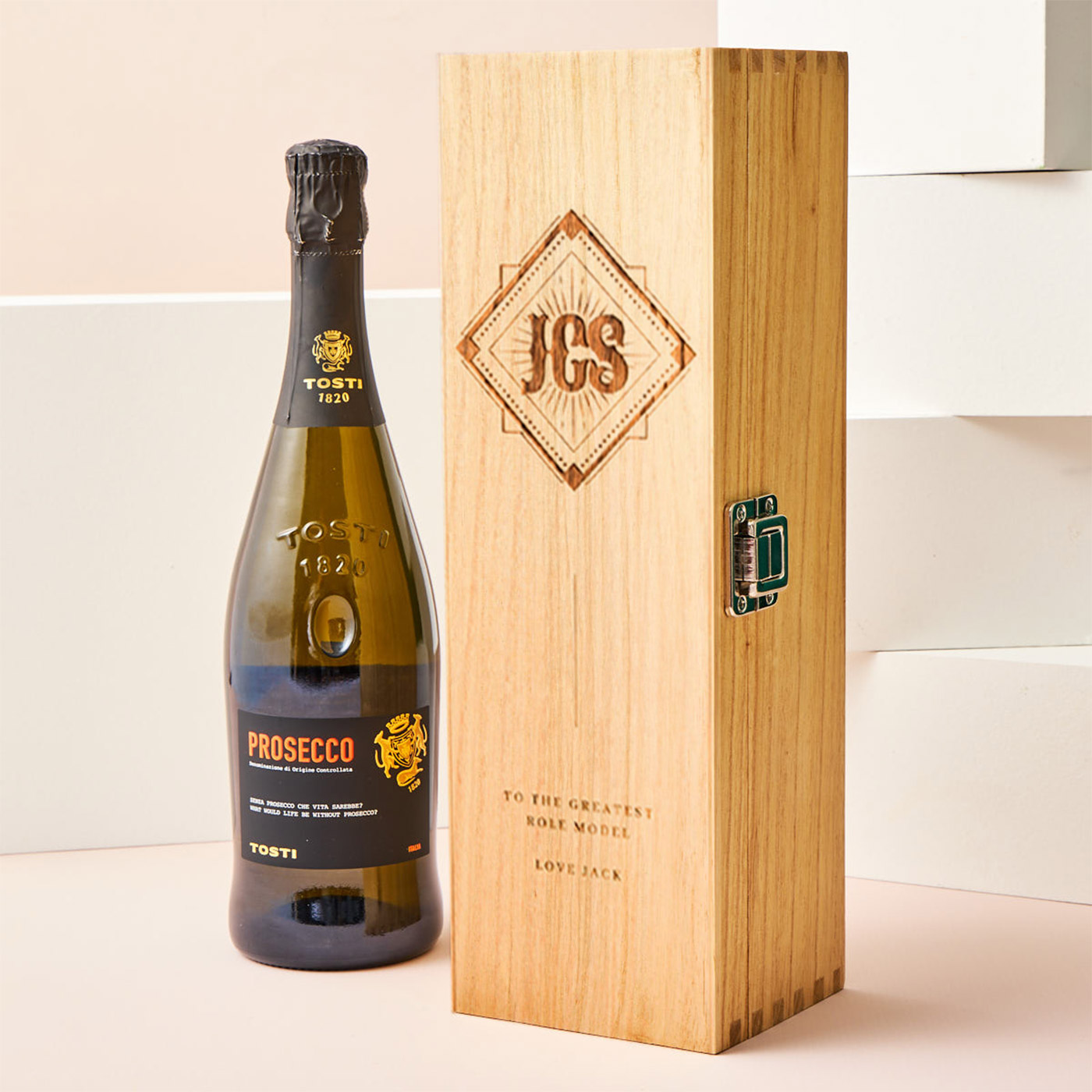 Engraved Wooden Box With Luxury Prosecco - Initials and Message