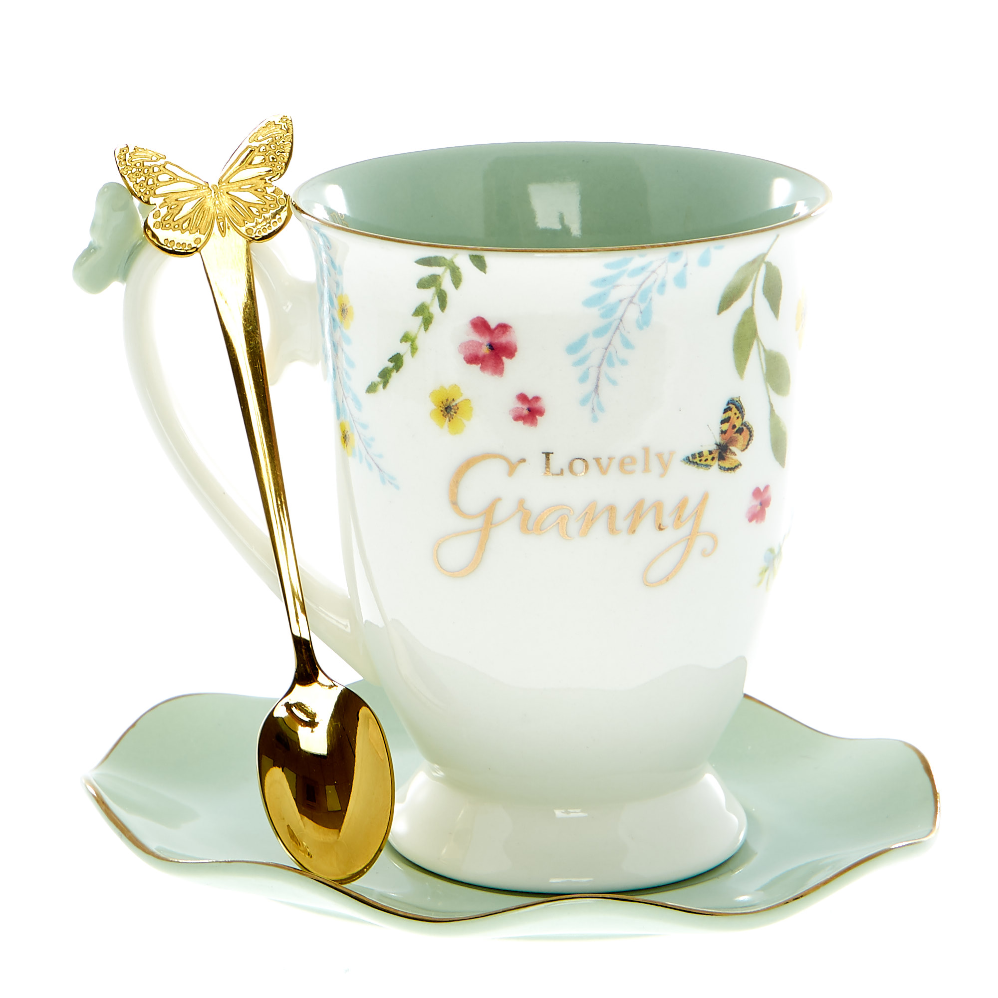 Lovely Granny Teacup, Saucer & Spoon Set