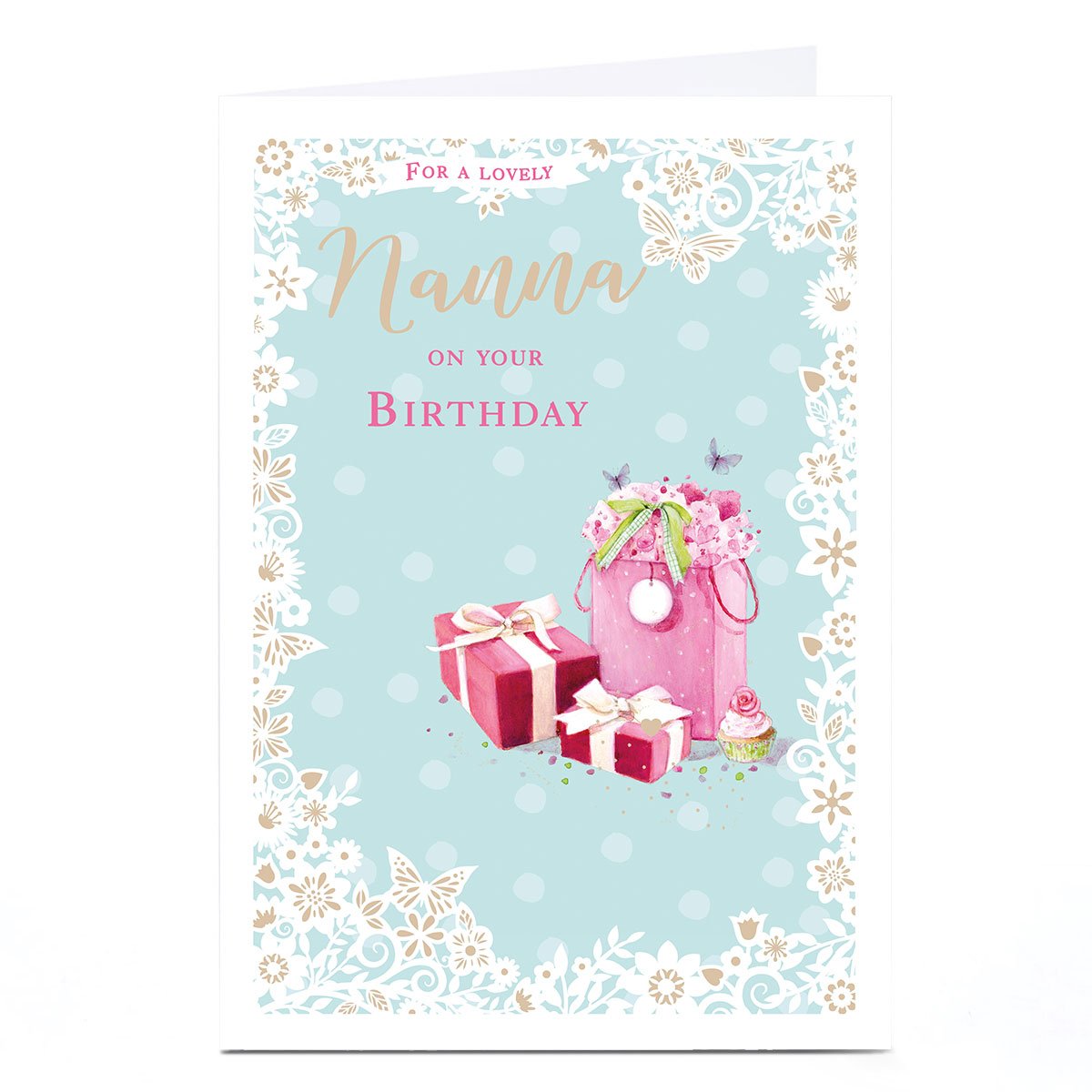 Personalised Birthday Card - Presents and Butterflies, Nanna