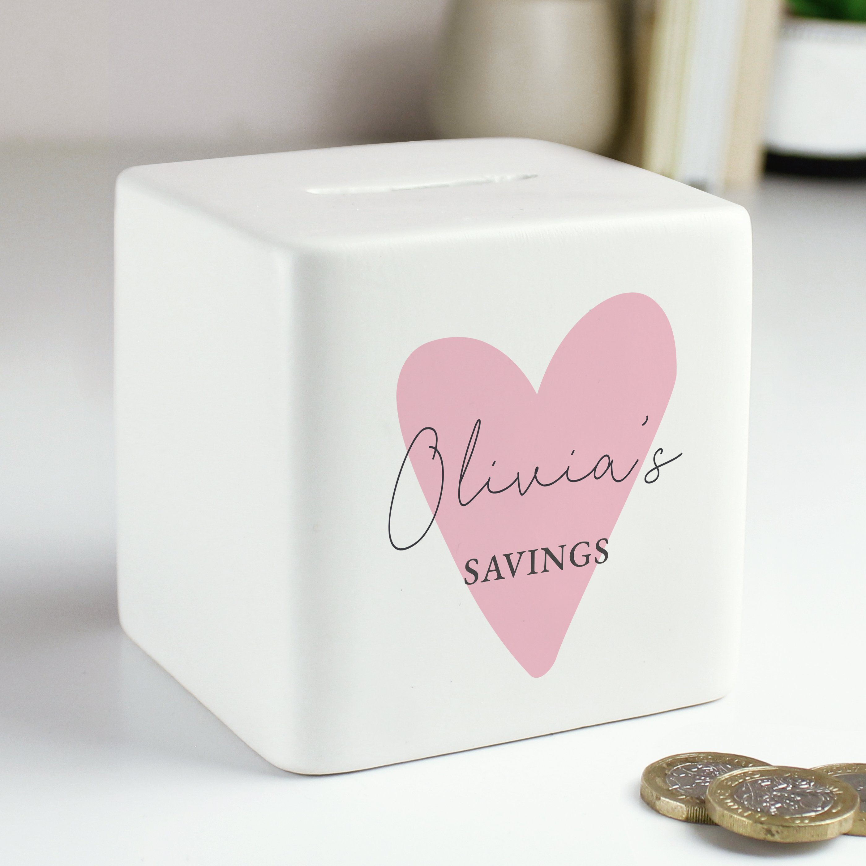 Image of Personalised Pink Heart Ceramic Square Money Box