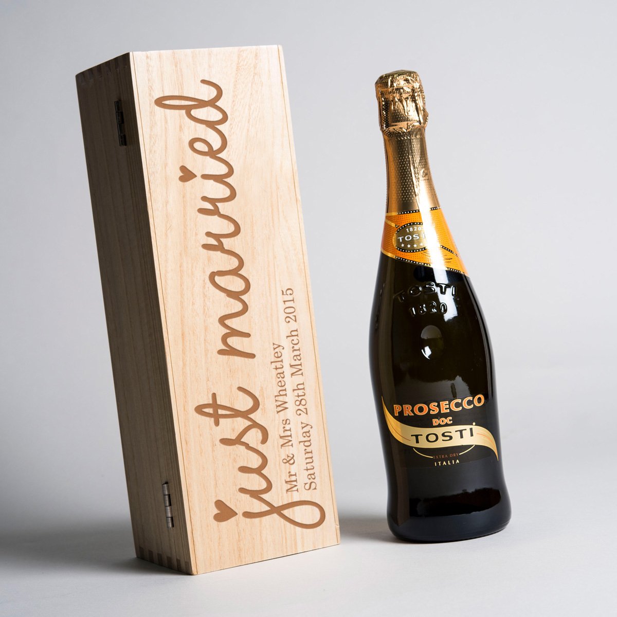 Engraved Wooden Box With Luxury Prosecco - Just Married