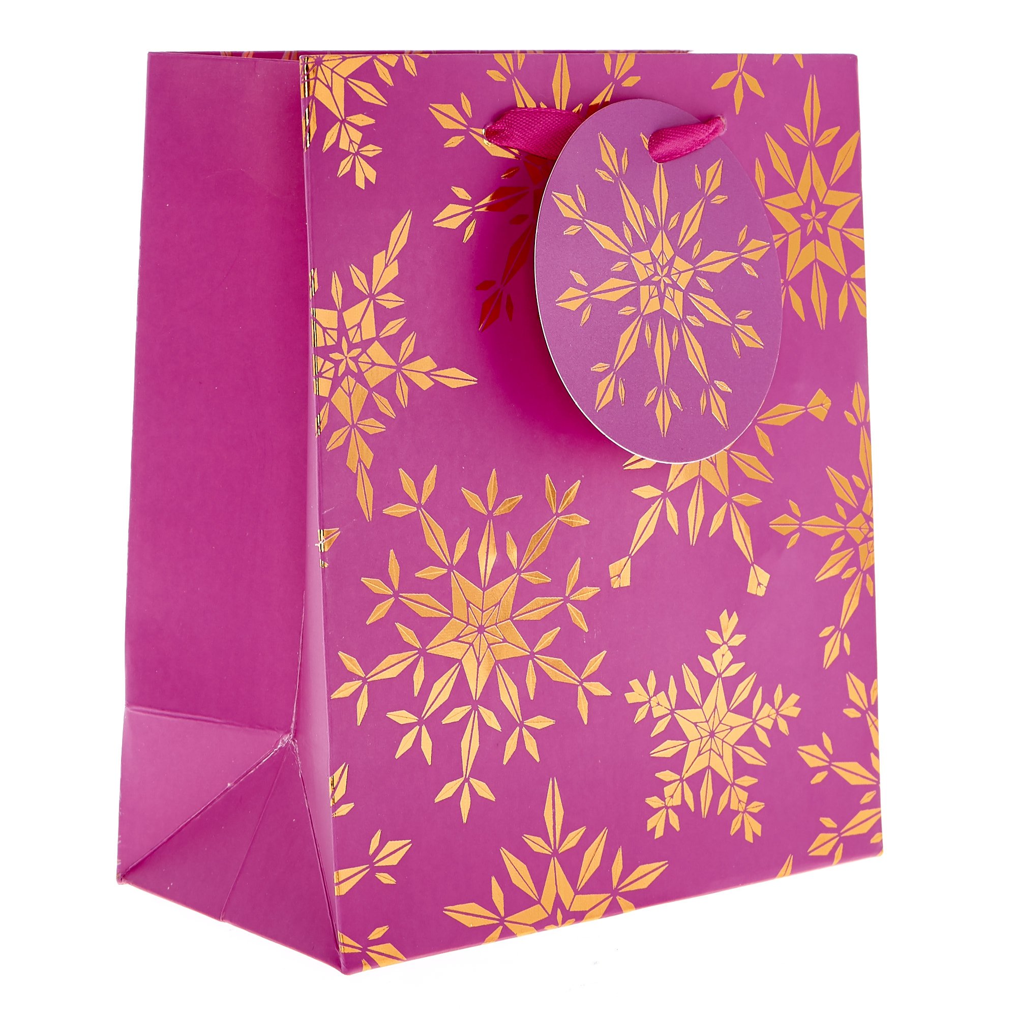 Small Portrait Pink & Bronze Snowflakes Christmas Gift Bag