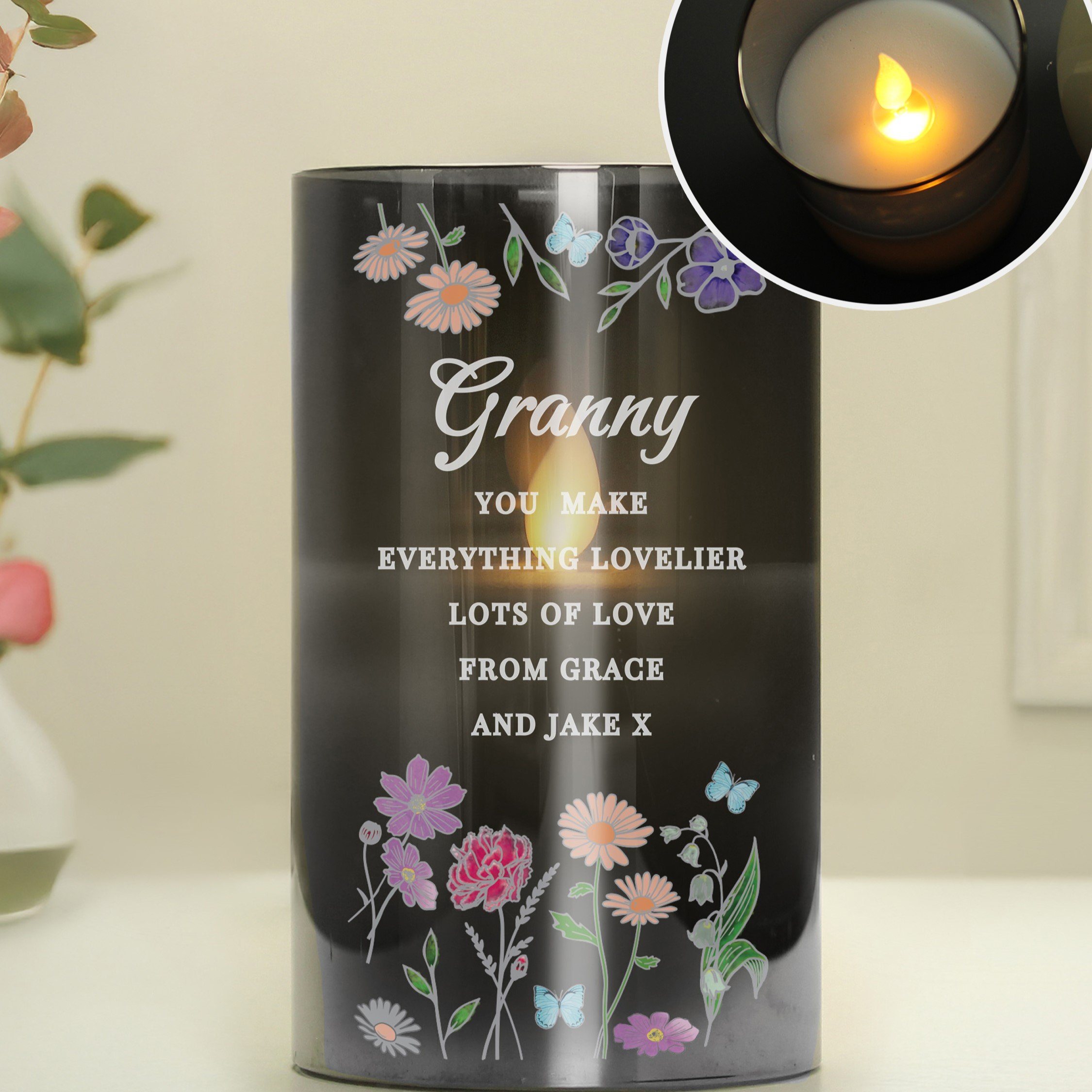 Personalised Wild Flowers Smoked Glass LED Candle