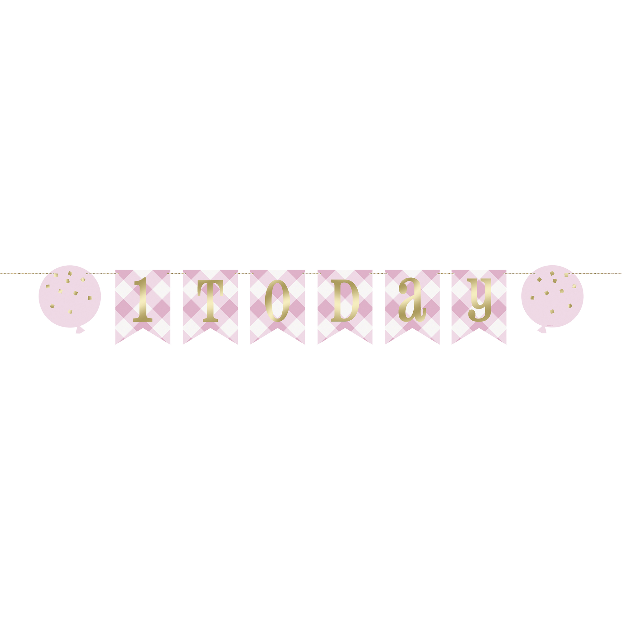 Pink Gingham 1st Birthday Party Tableware & Decorations Bundle - 16 Guests