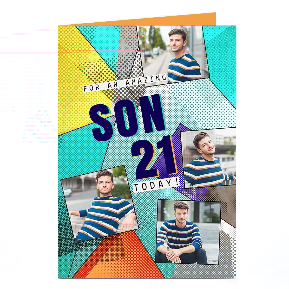 Photo Birthday Card - Pop Art Triangles Son, Editable Age