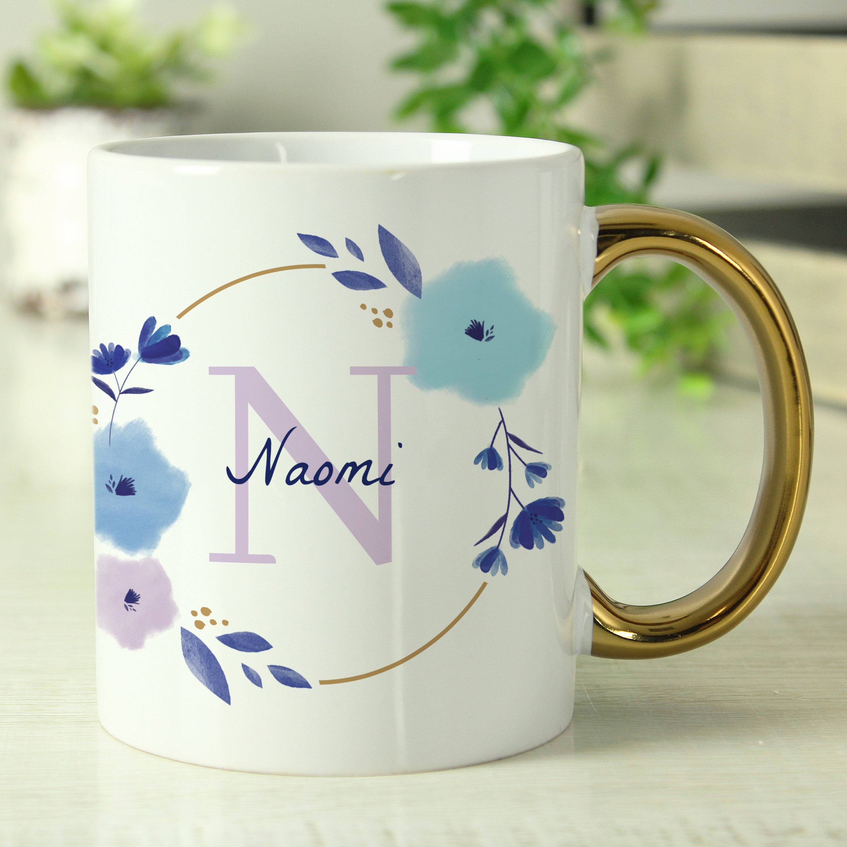 Personalised Floral Initial Gold Handled Mug