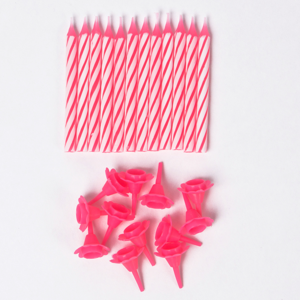 Pink Candy Stripe Birthday Candles With Holders, Pack Of 12