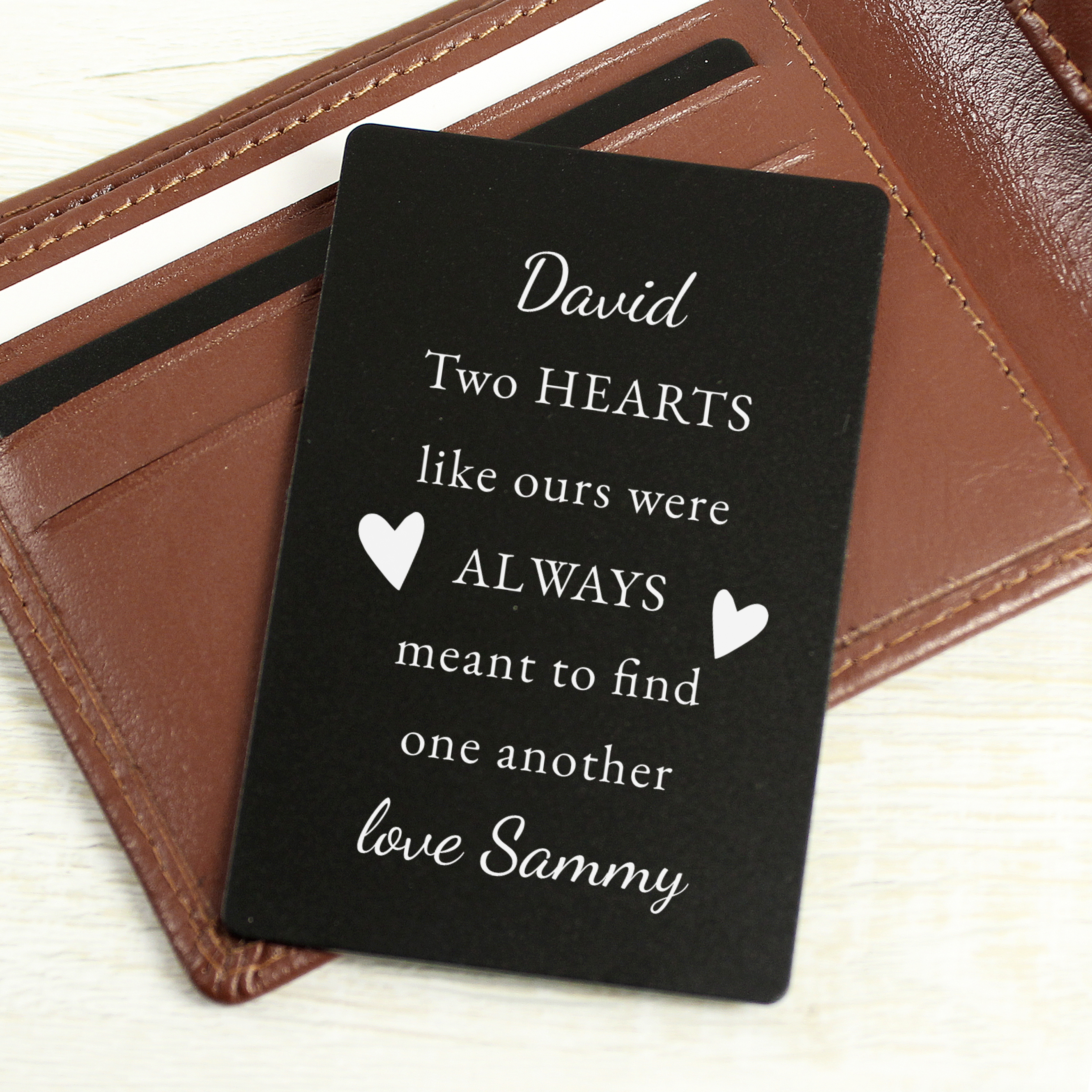 Personalised Two Hearts Black Metal Wallet Card