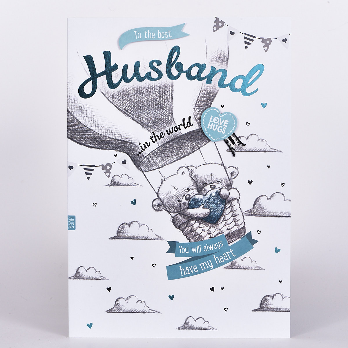 Hugs Bear Birthday Card - Husband, Hot Air Balloon