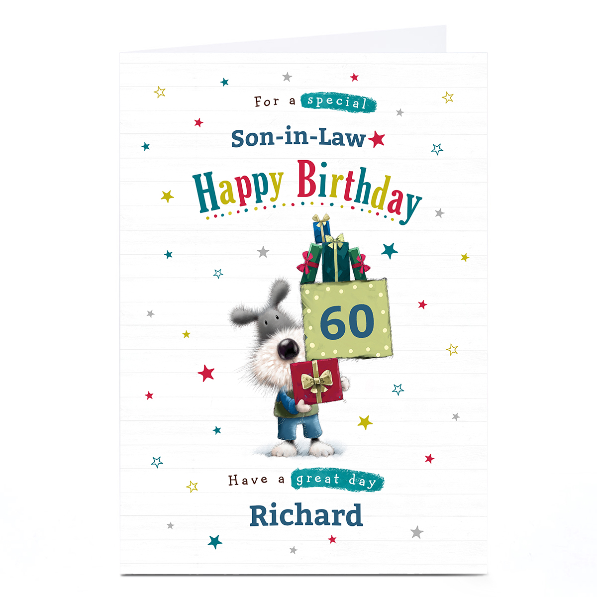 Personalised Birthday Card - Dog & Gifts, Editable Age & Recipient