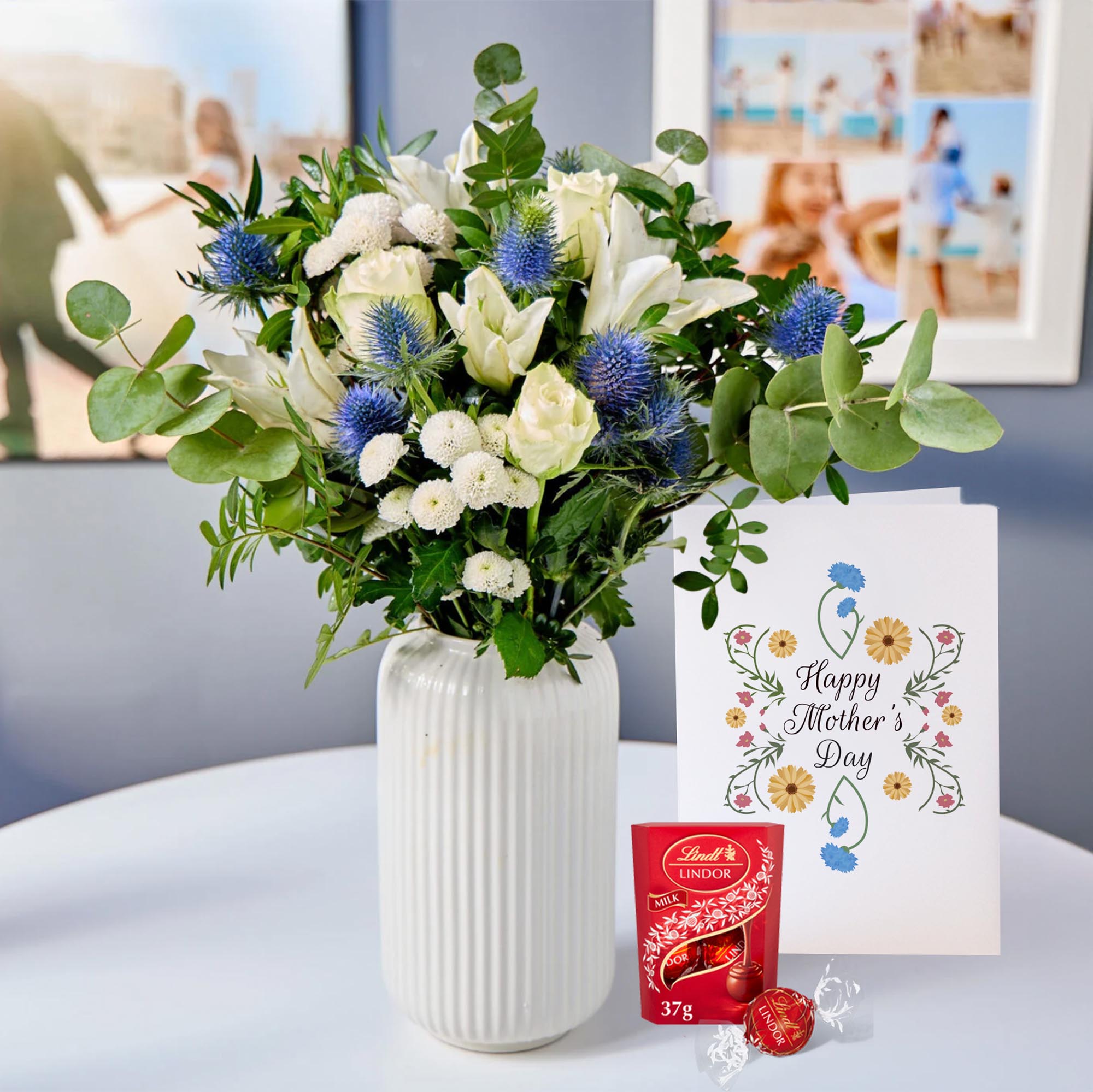 Blossoming Gifts Blue Serenity, Lindor Truffles & Mother's Day Card - Free Delivery!