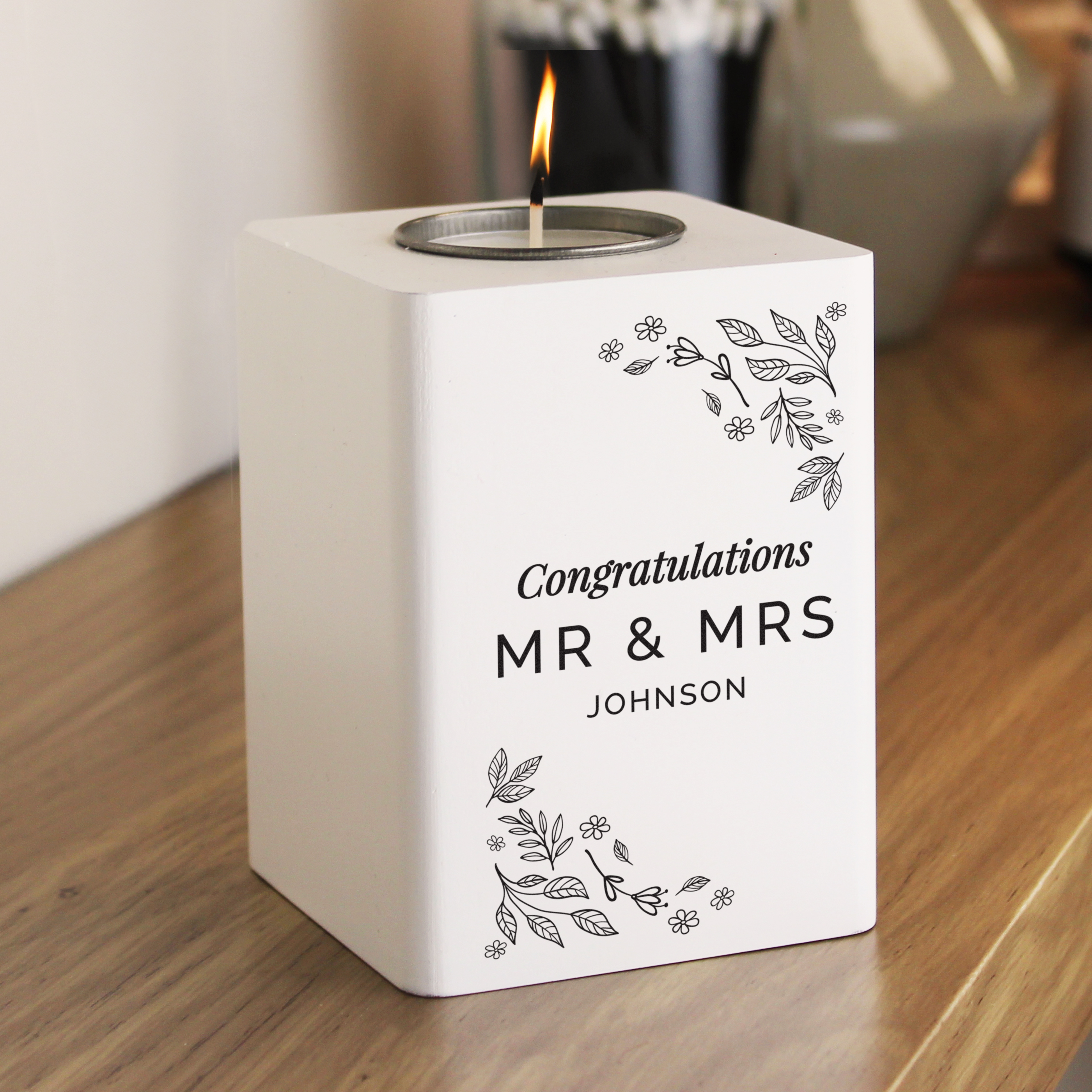 Personalised Floral Leaf White Wooden Tea Light Holder