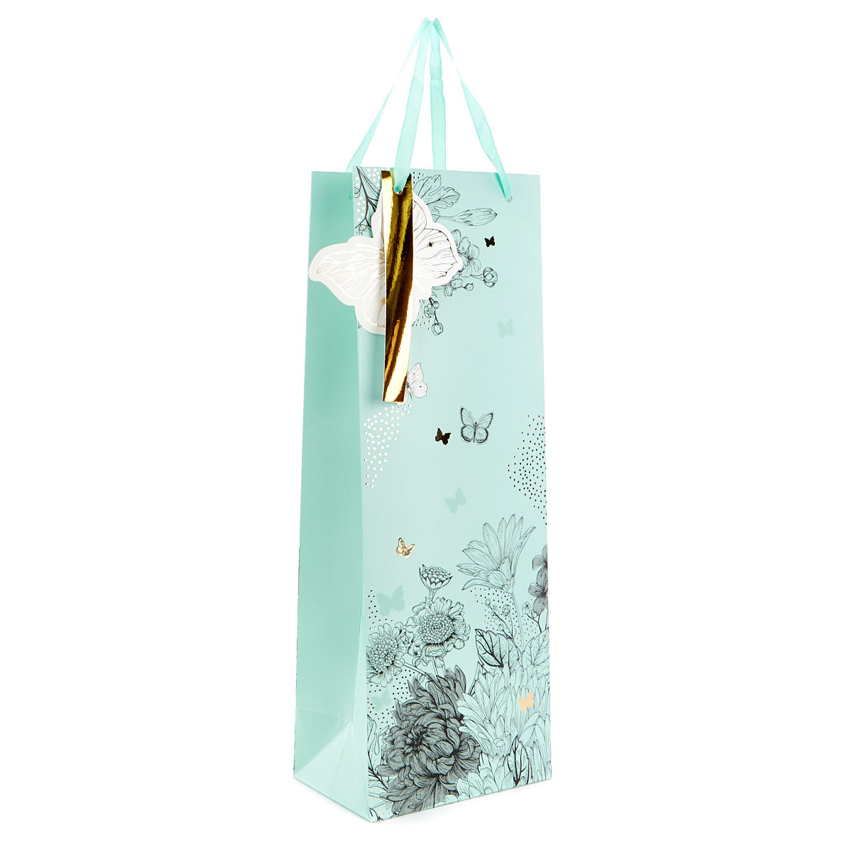 Mint Floral Bottle Bag With Gold Butterflies