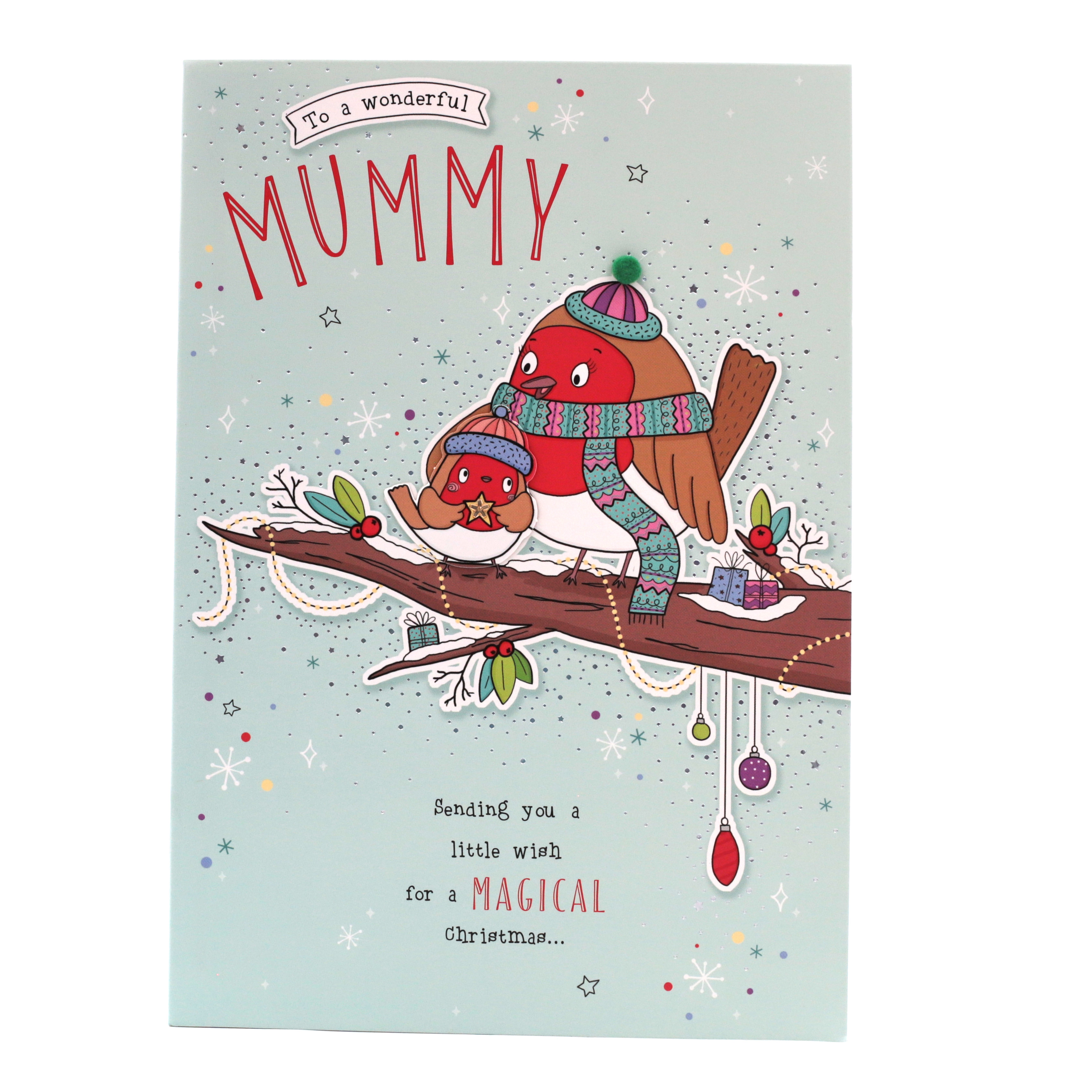 Christmas Card - Wonderful Mummy, Cute Robins On A Branch
