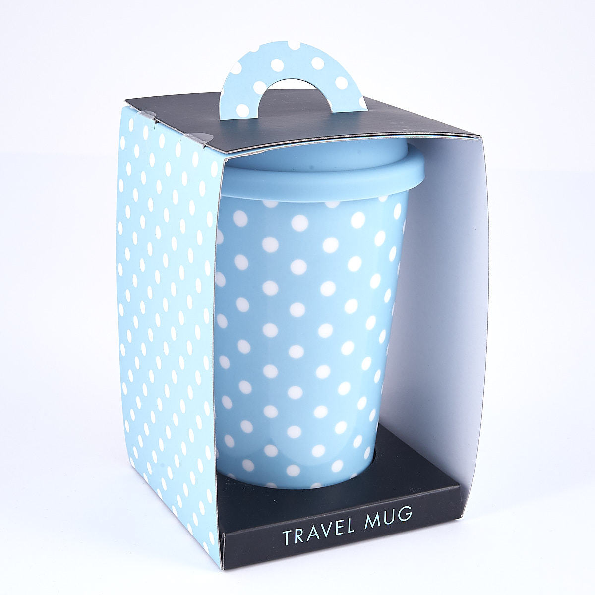 Blue Travel Mug with White Polka Dots