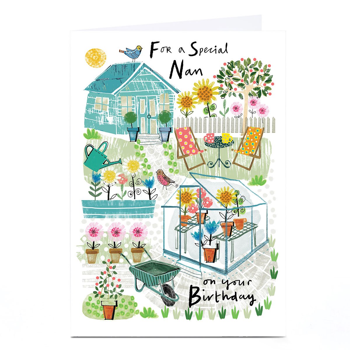 Personalised Birthday Card - Sunny Garden and Greenhouse, Nan