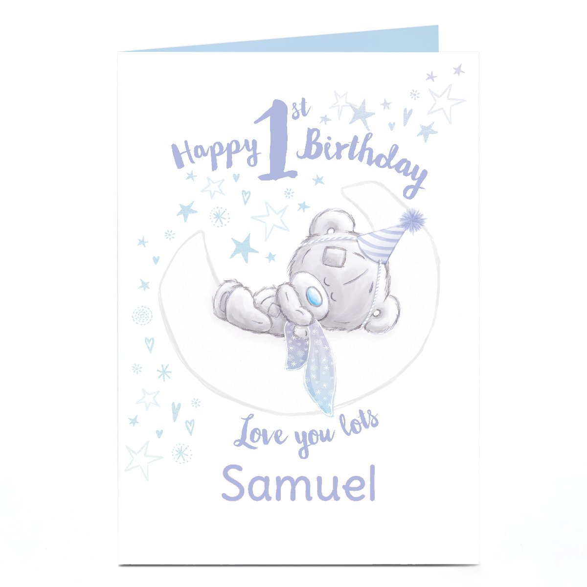 Personalised Tatty Teddy 1st Birthday Card - Blue Bear Sleeping on the Moon