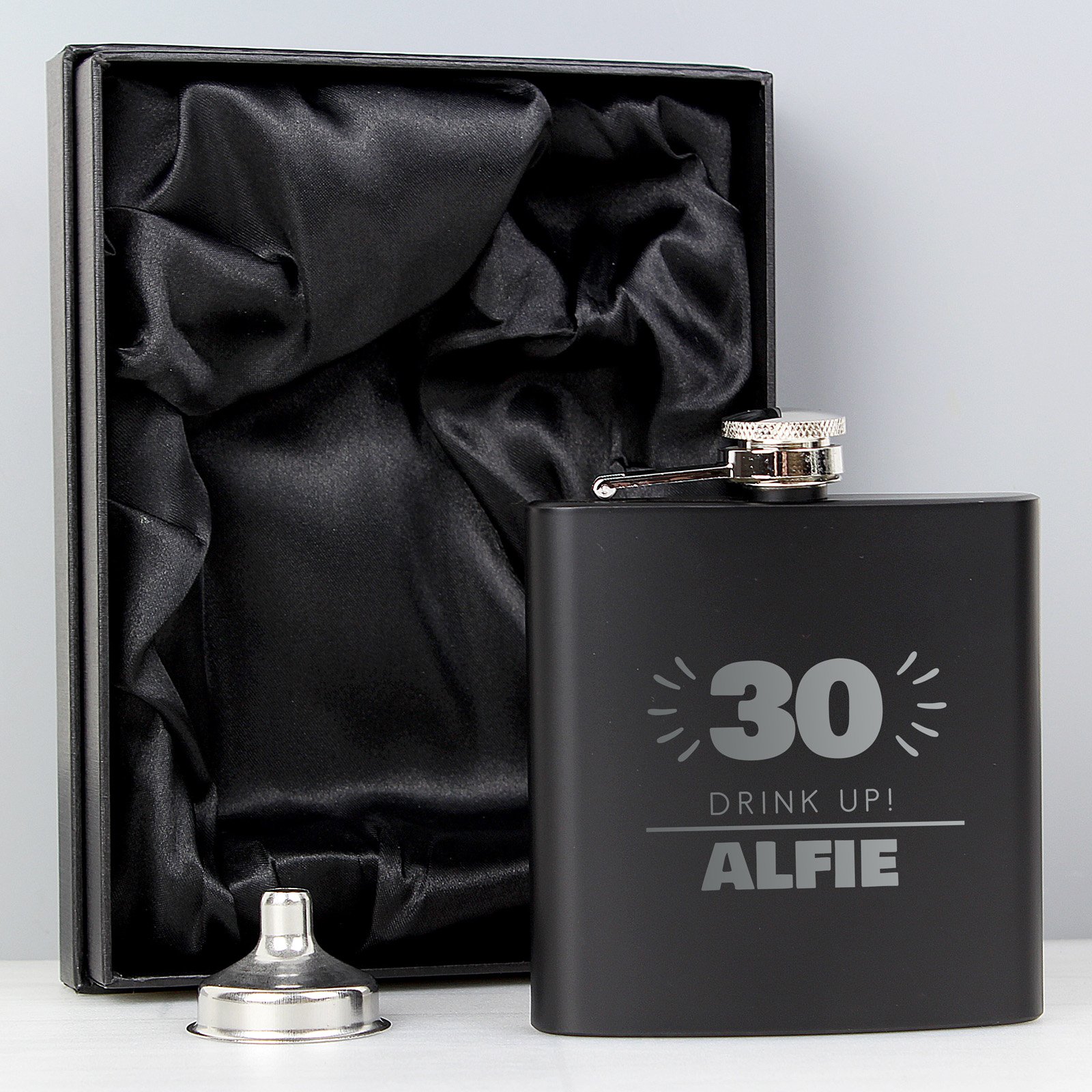 Personalised 30th Birthday Hip Flask - Black & Silver 