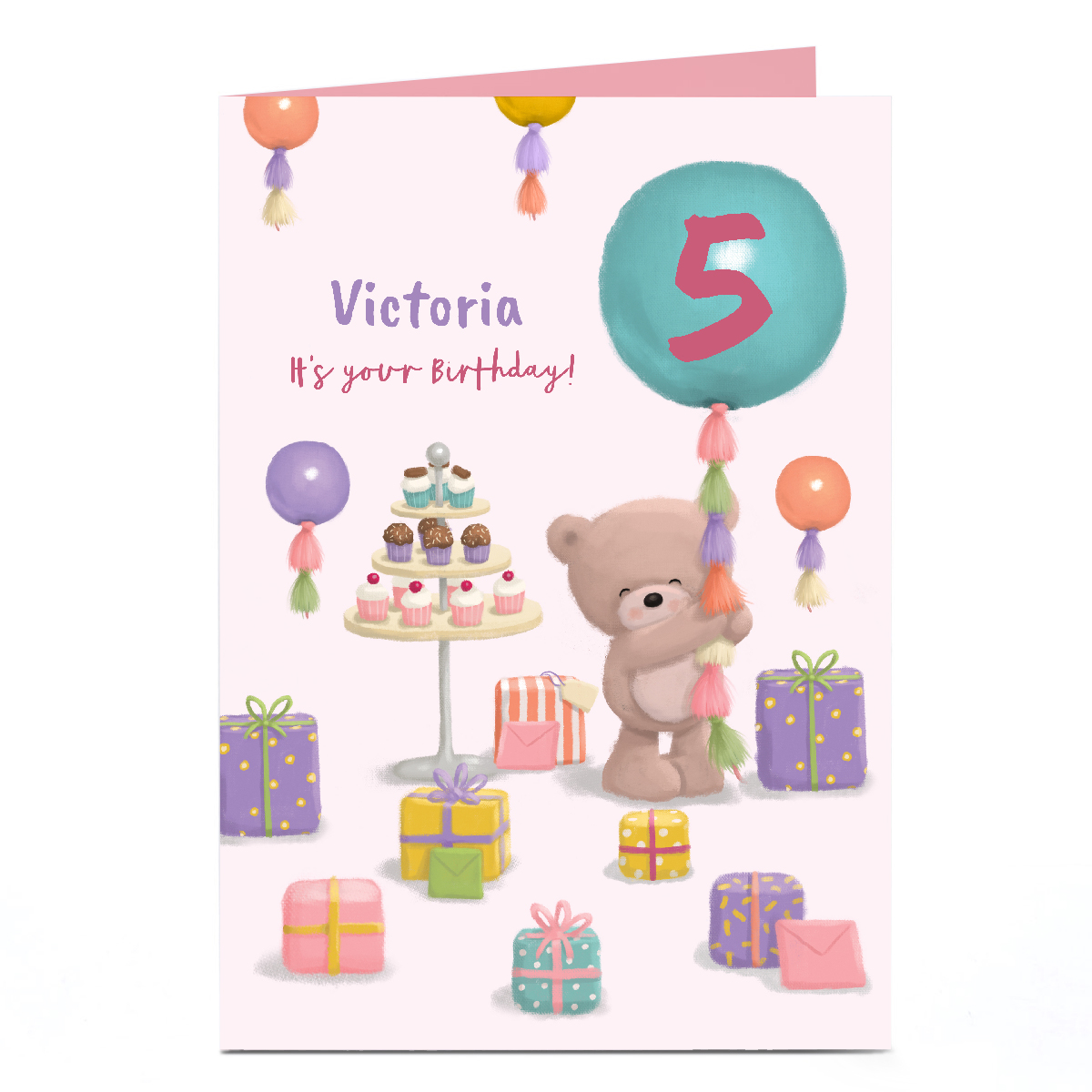 Personalised Hugs Birthday Card - Cakes and Presents, Editable Age