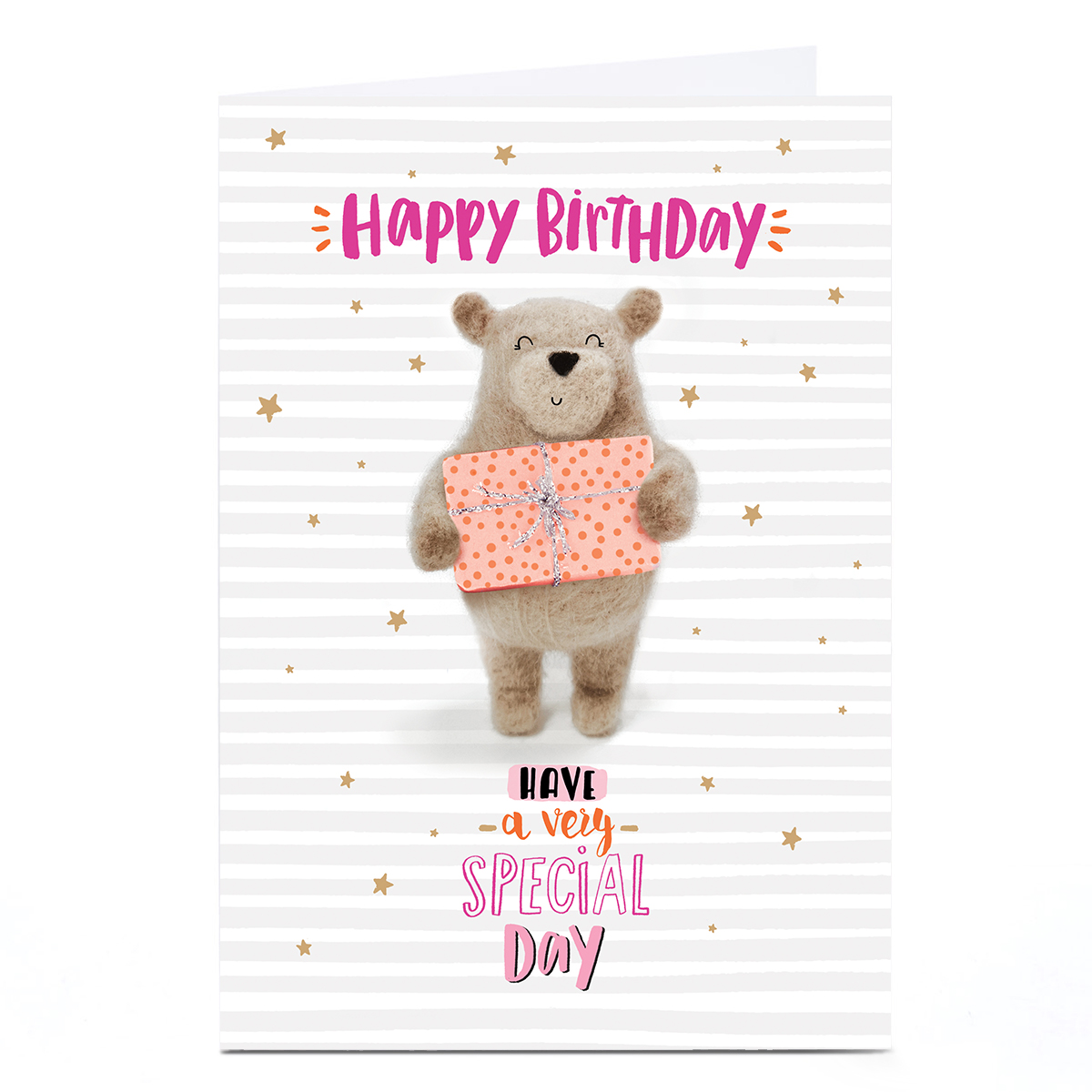 Birthday Card - Fuzzy Smiling Bear with Present