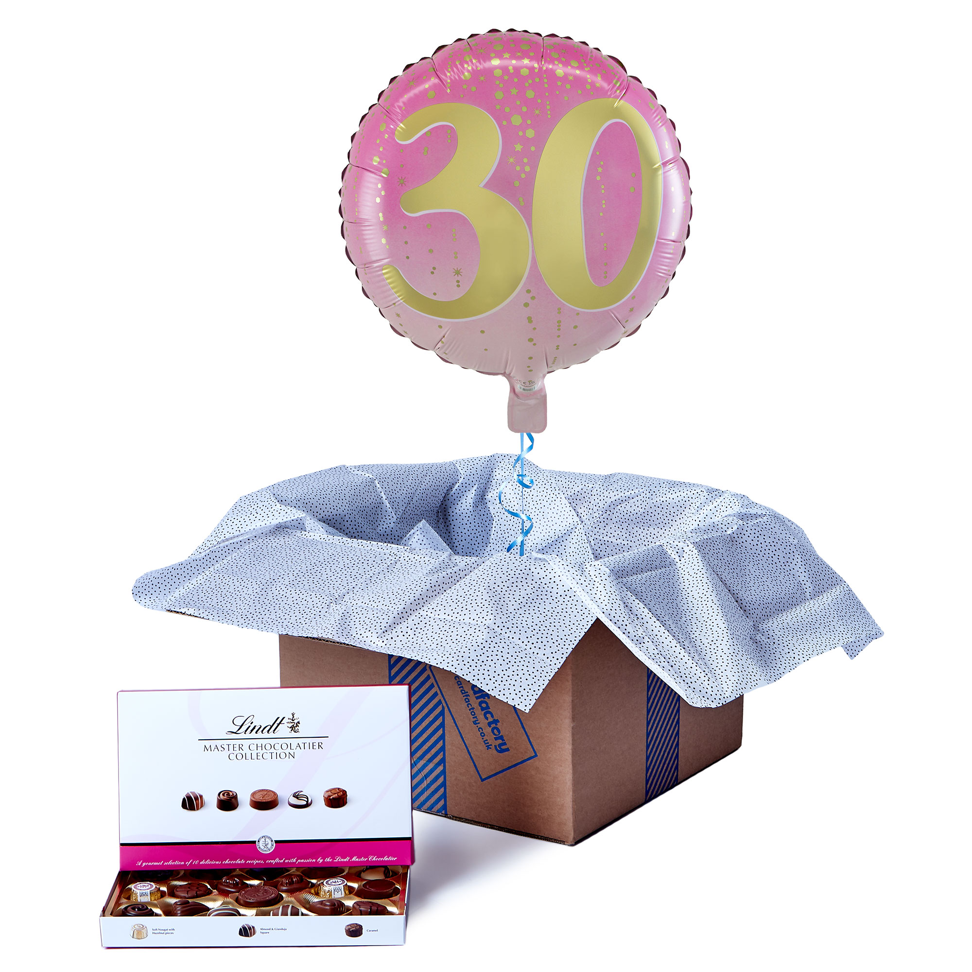 Pink & Gold 30th Birthday Balloon & Lindt Chocolates - FREE GIFT CARD!