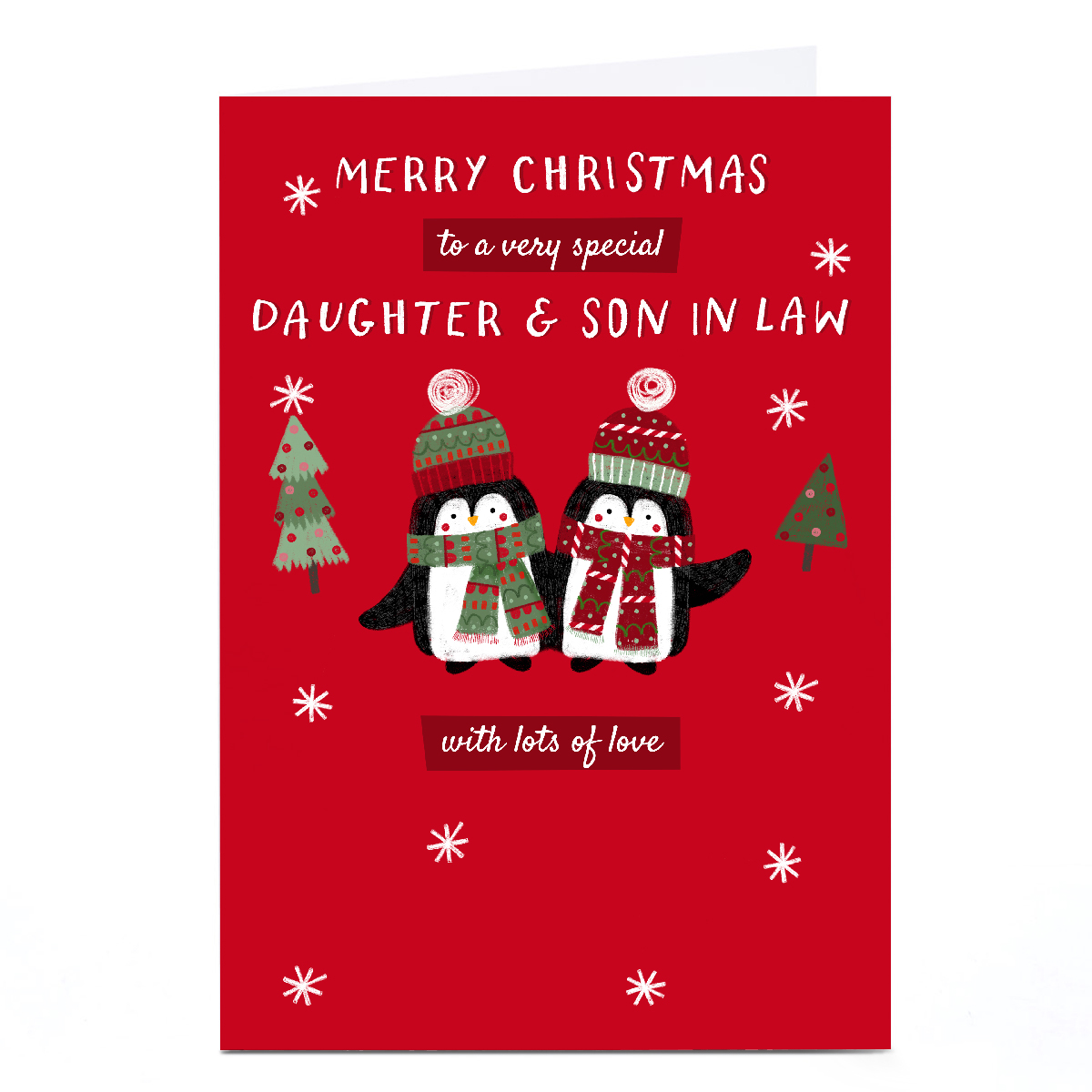Personalised Kerry Spurling Christmas Card - Bundled up Penguins, Daughter & Son in Law 