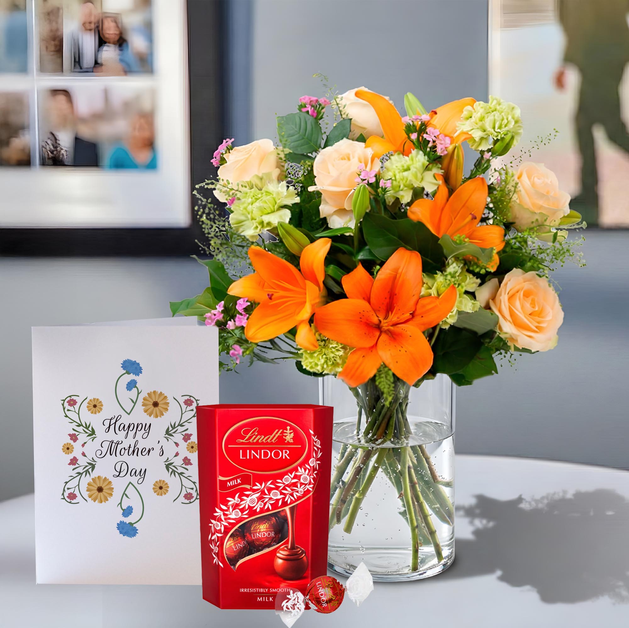 Blossoming Gifts Coral Charm, Lindor Truffles & Mother's Day Card - Free Delivery!