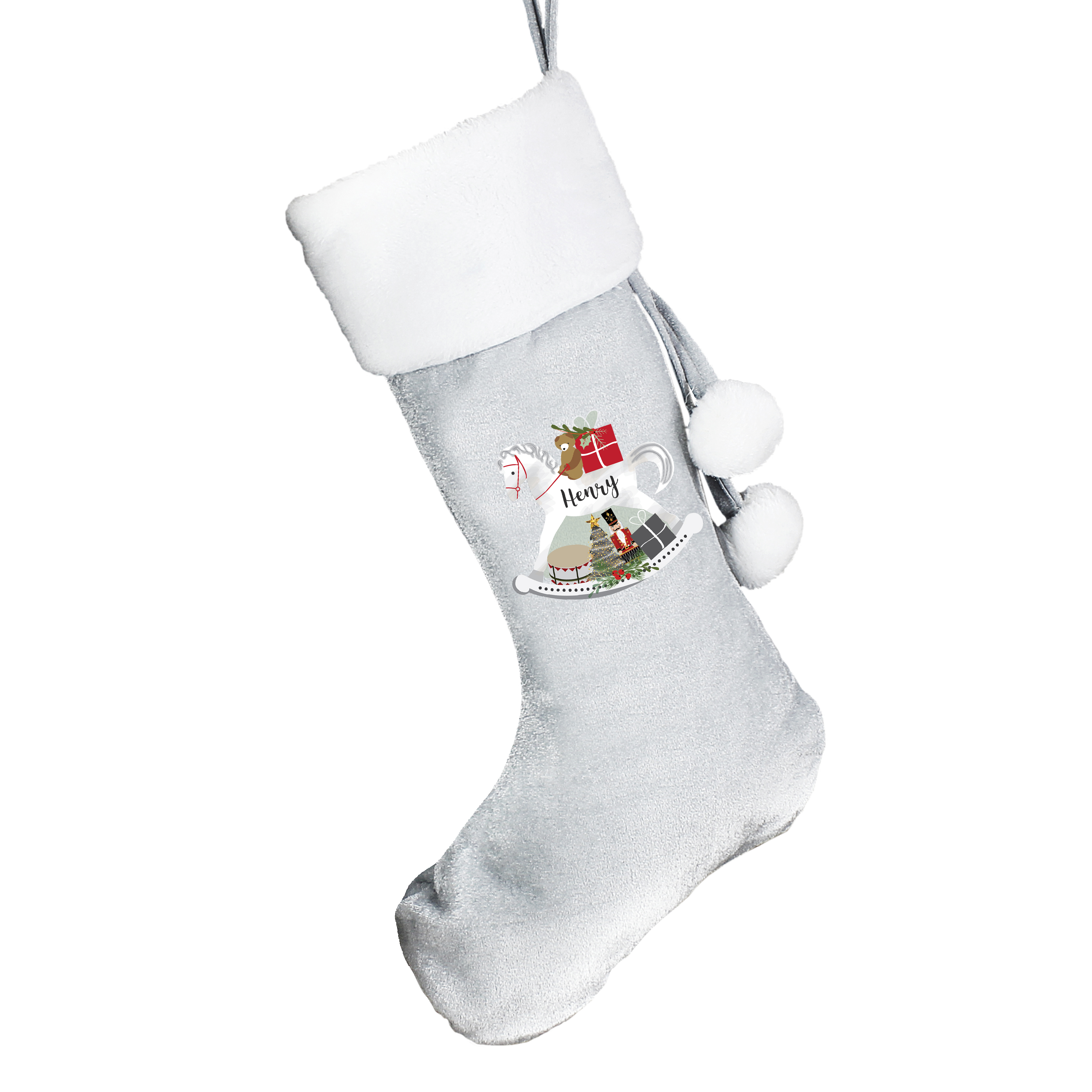 Personalised Rocking Horse Luxury Silver Christmas Stocking