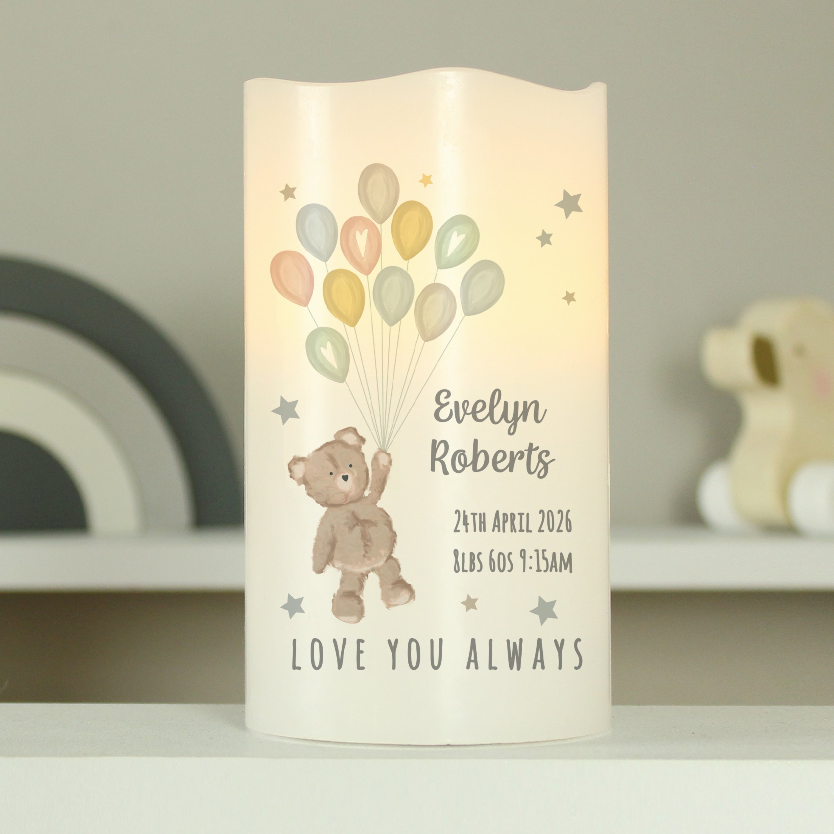 Personalised Teddy & Balloons Nightlight LED Candle