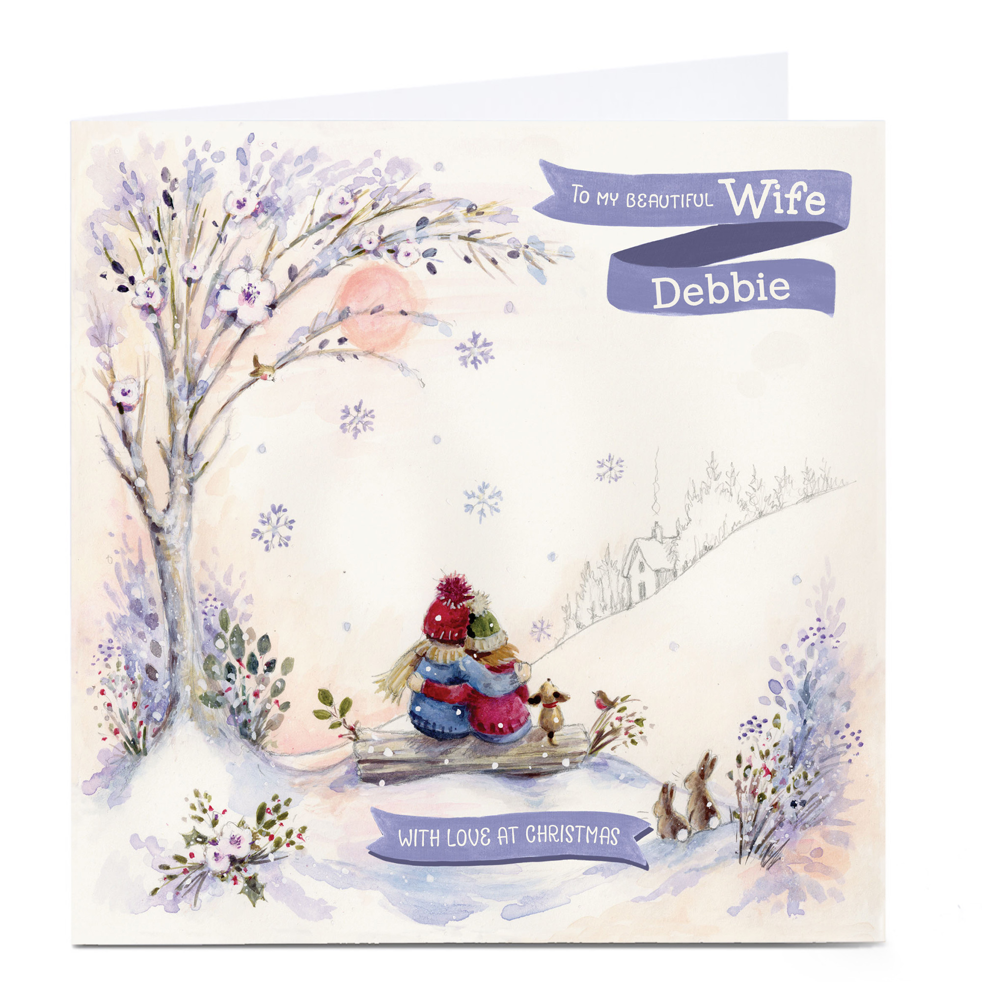 Personalised Christmas Card - Wife Purple & Creme Snow