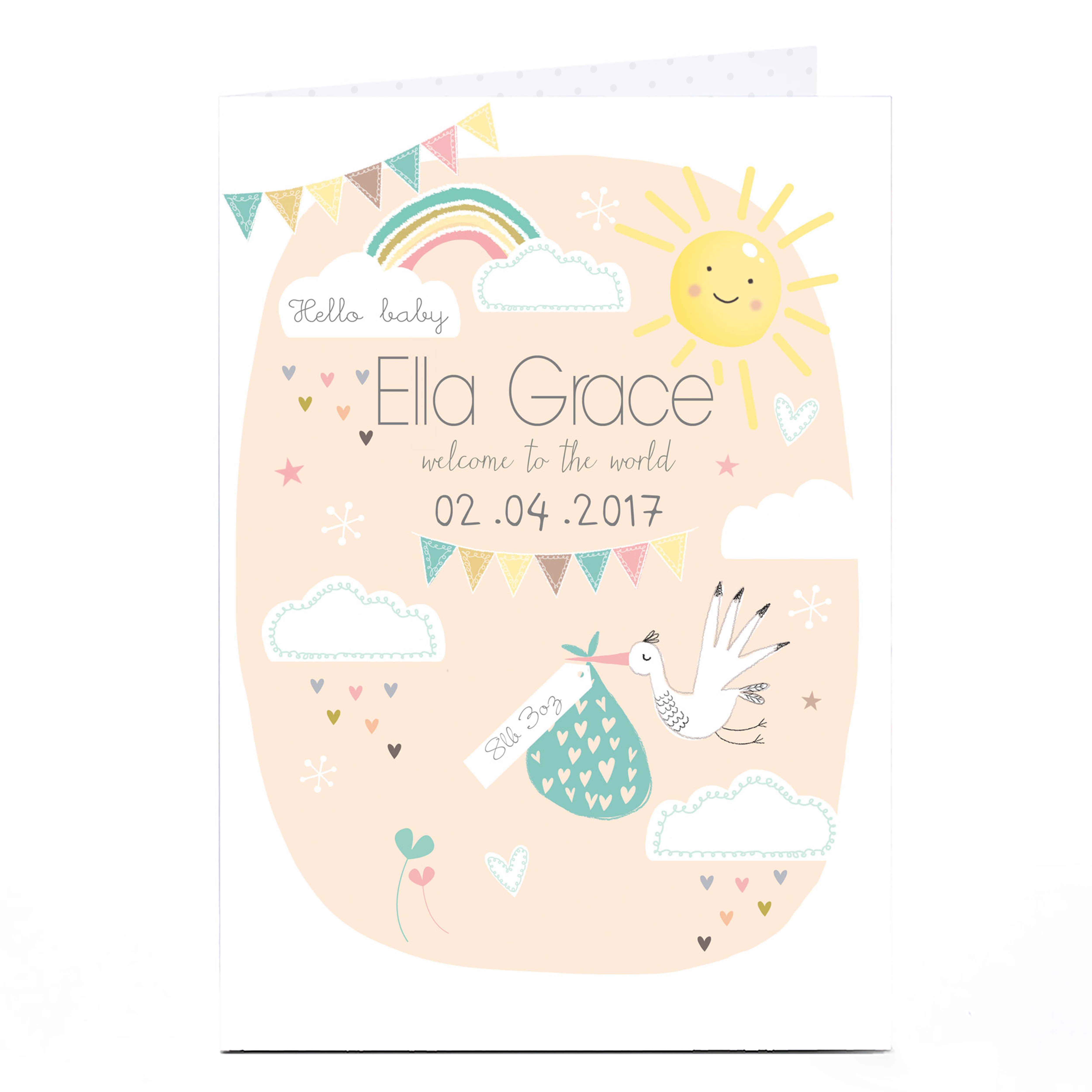 Personalised New Baby Card - Stork & Rainbow, Pink