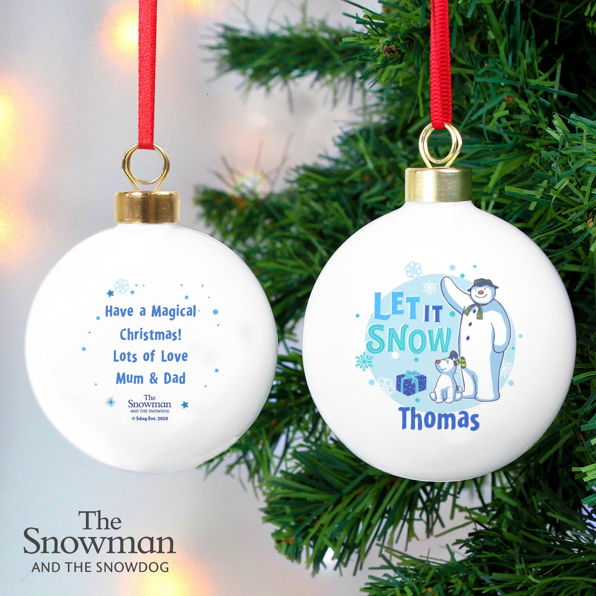 Personalised The Snowman & the Snowdog Blue Bauble