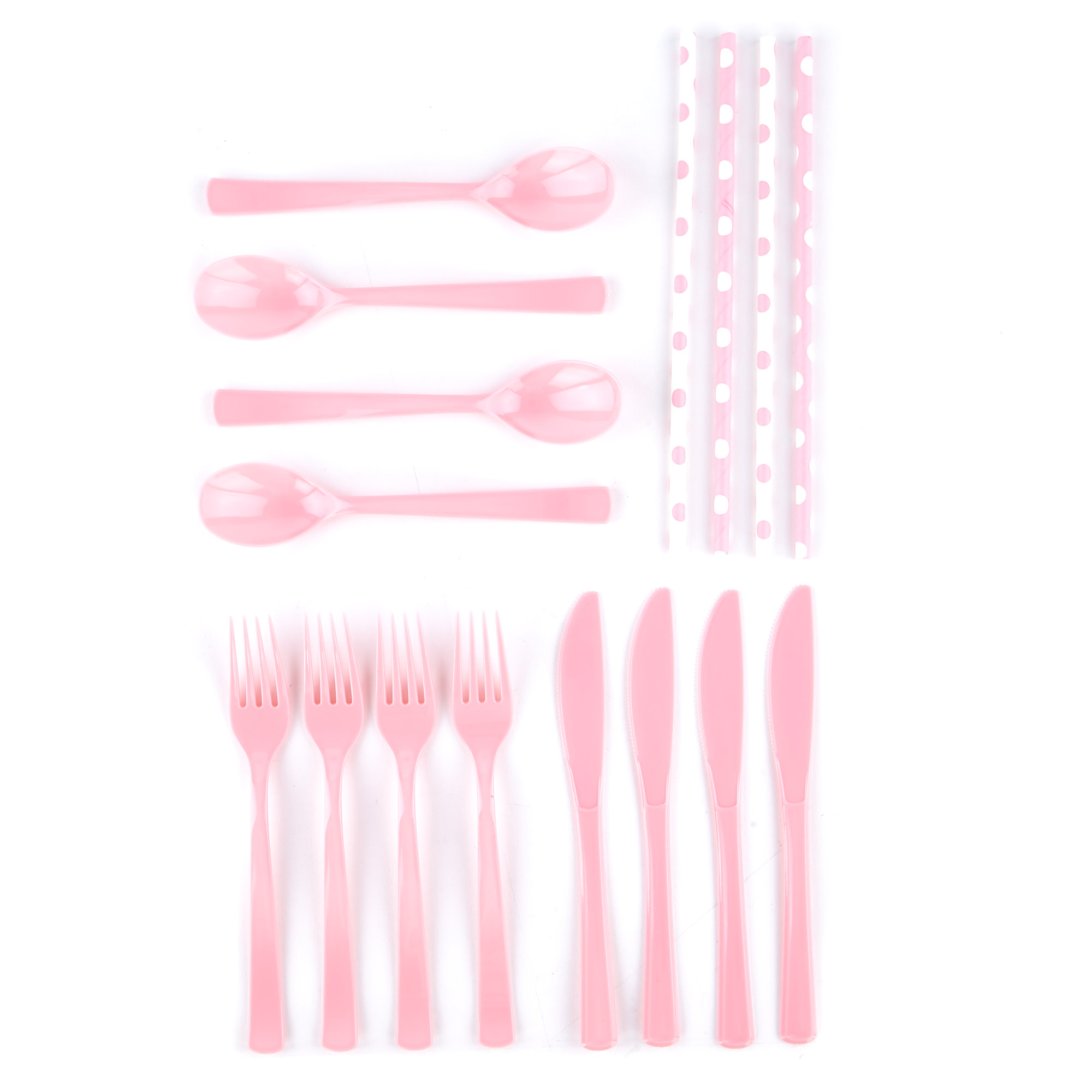 Pink Cutlery & Paper Straws Party Kit - 74 Pieces