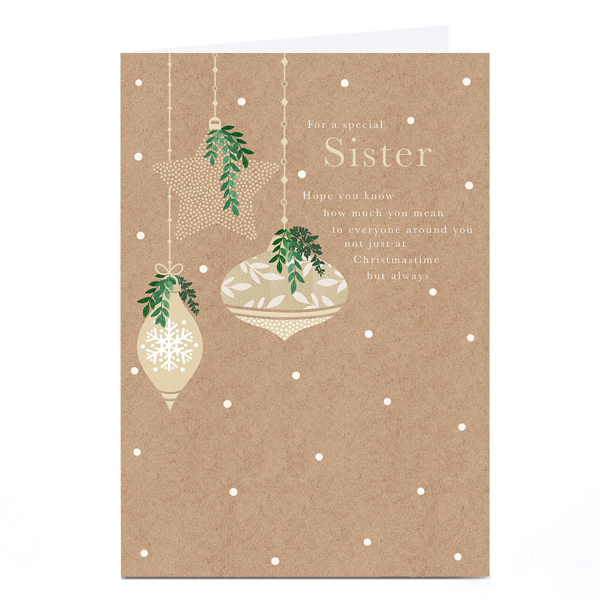 Personalised Christmas Card - Brown Paper with Baubles, Sister