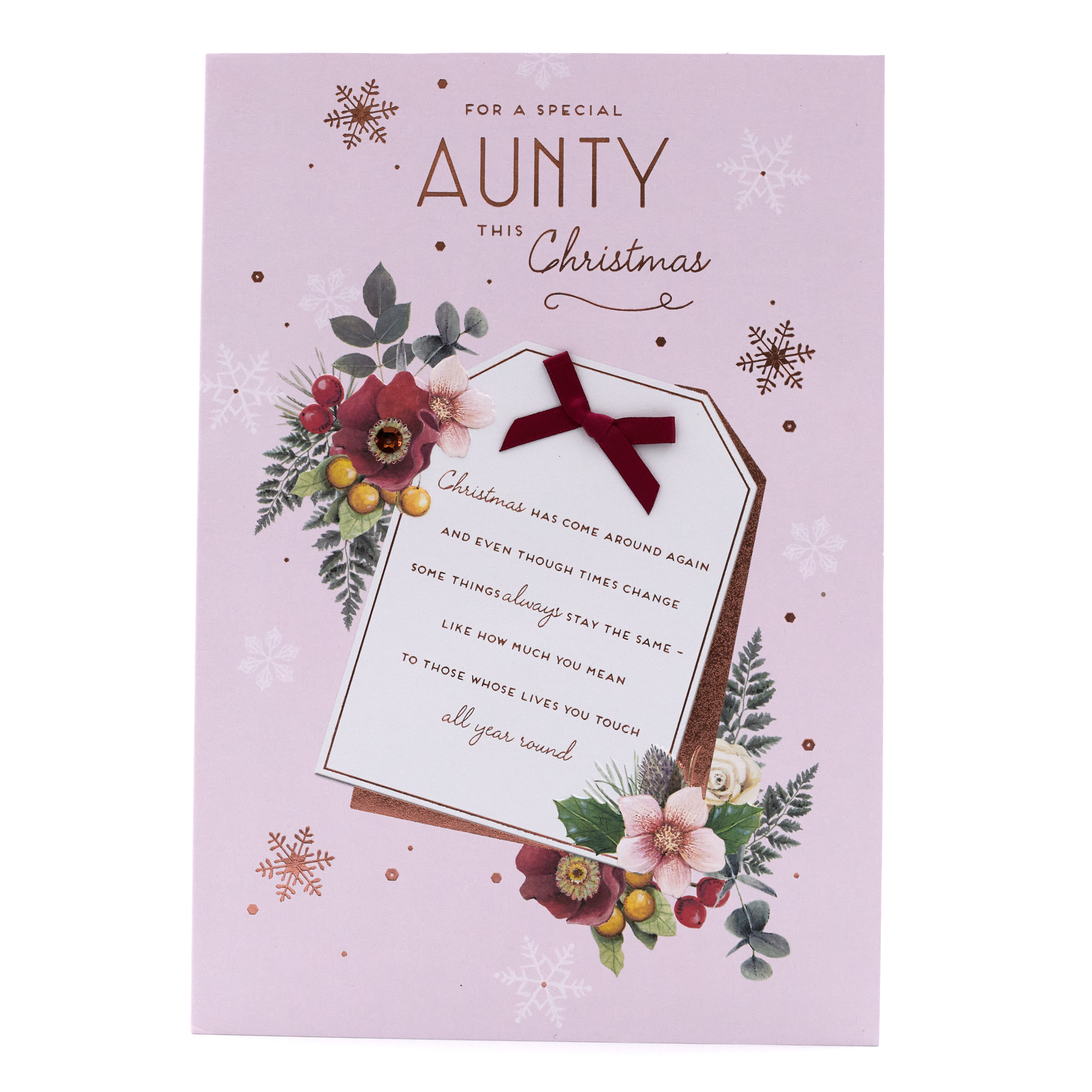 Christmas Card - Special Aunty, Tag With Flowers
