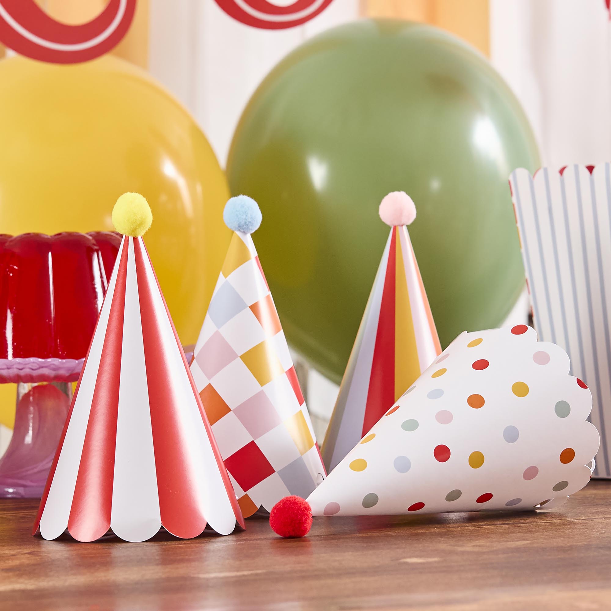 Circus Party Hats with Pom Poms - Pack of 8