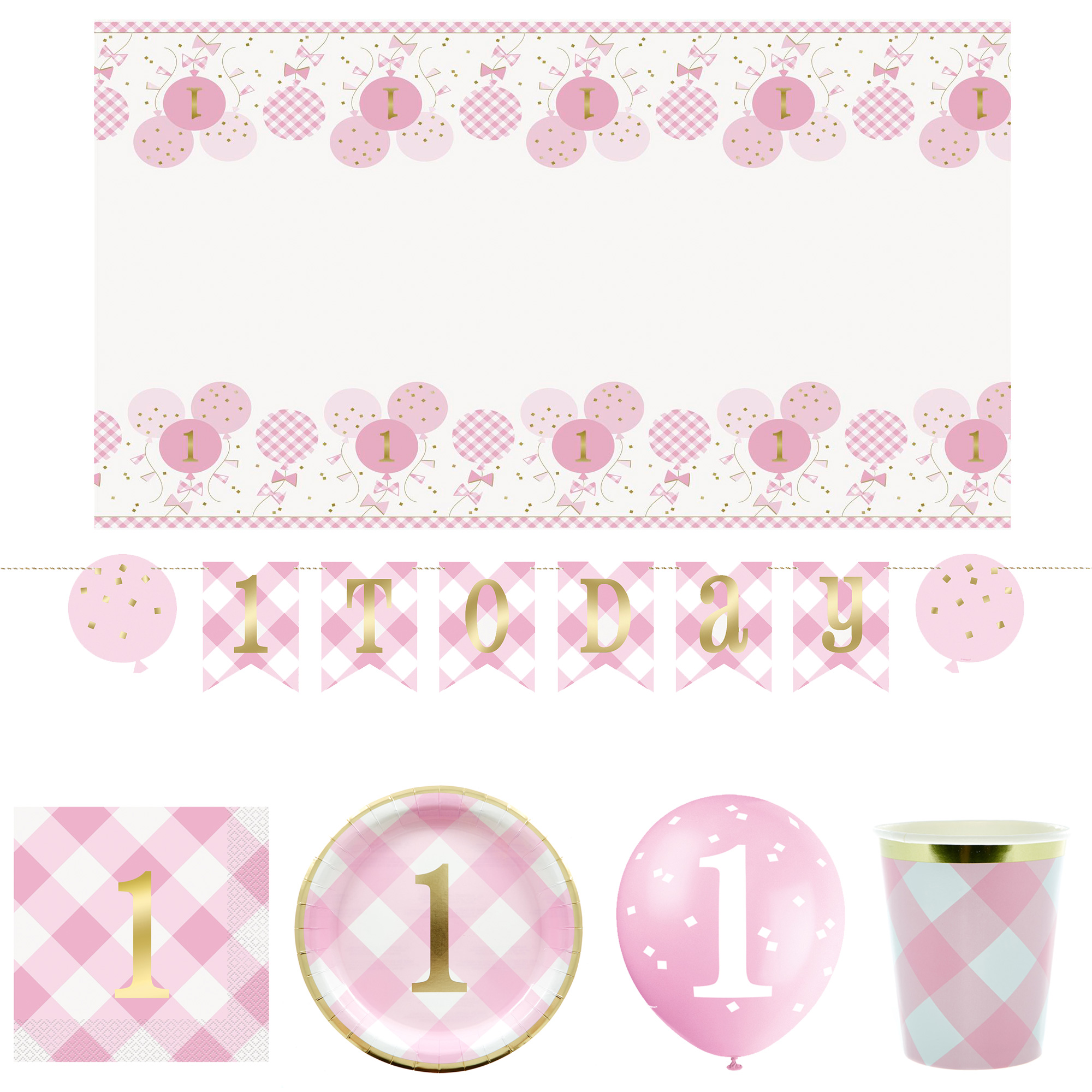 Pink Gingham 1st Birthday Party Tableware & Decorations Bundle - 16 Guests