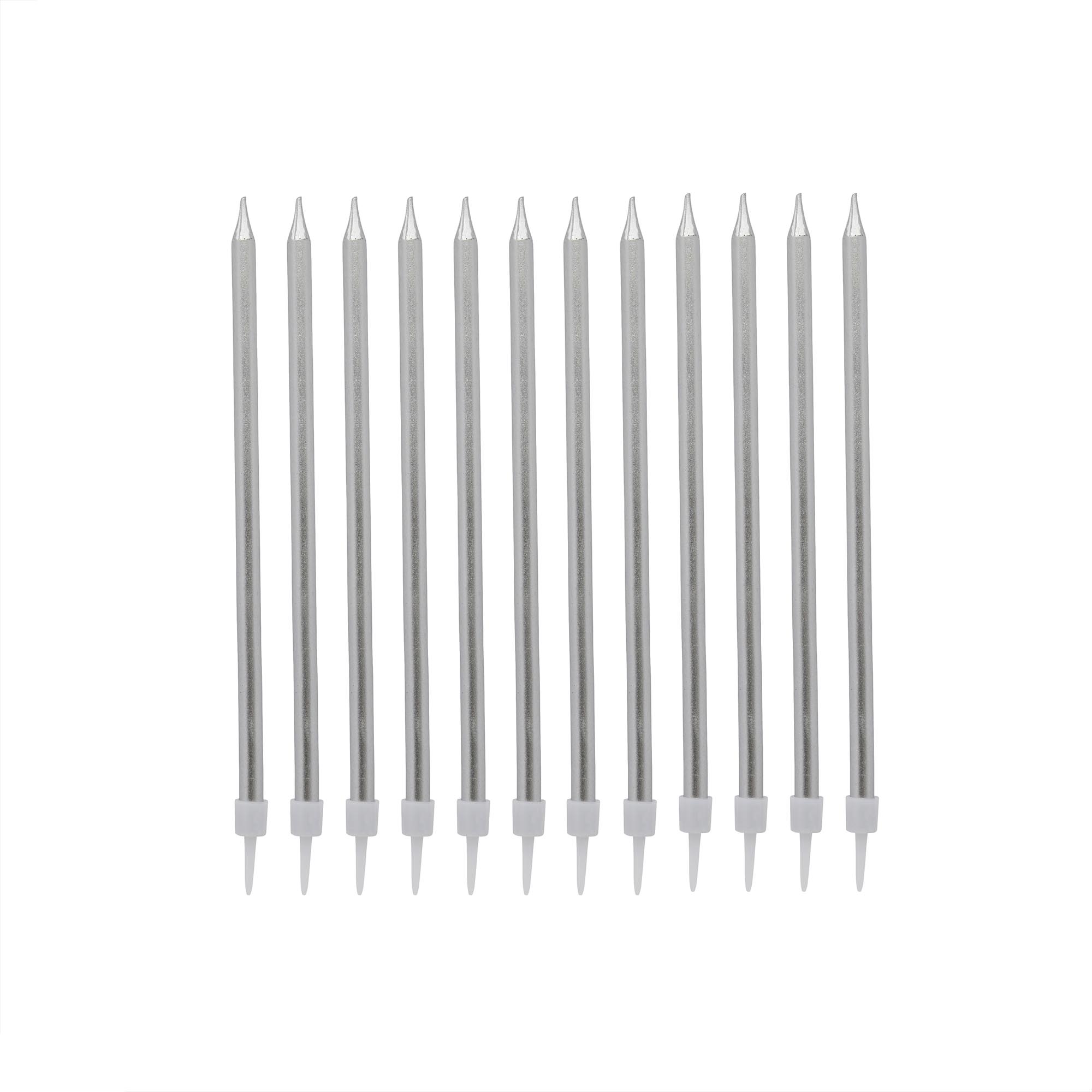Silver Tall Skinny Cake Candles - Pack of 12