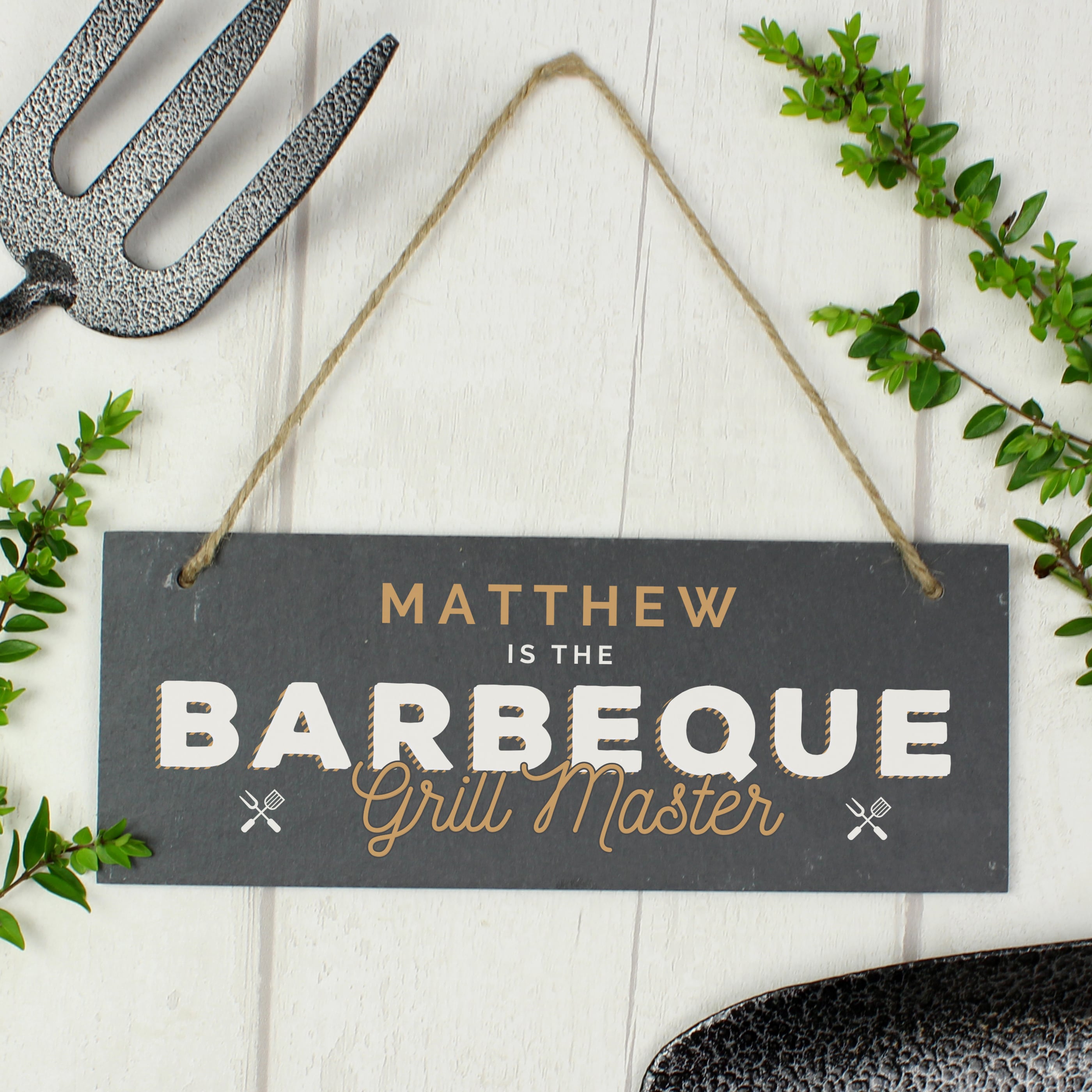 Personalised Barbeque Grill Master Printed Hanging Slate Plaque