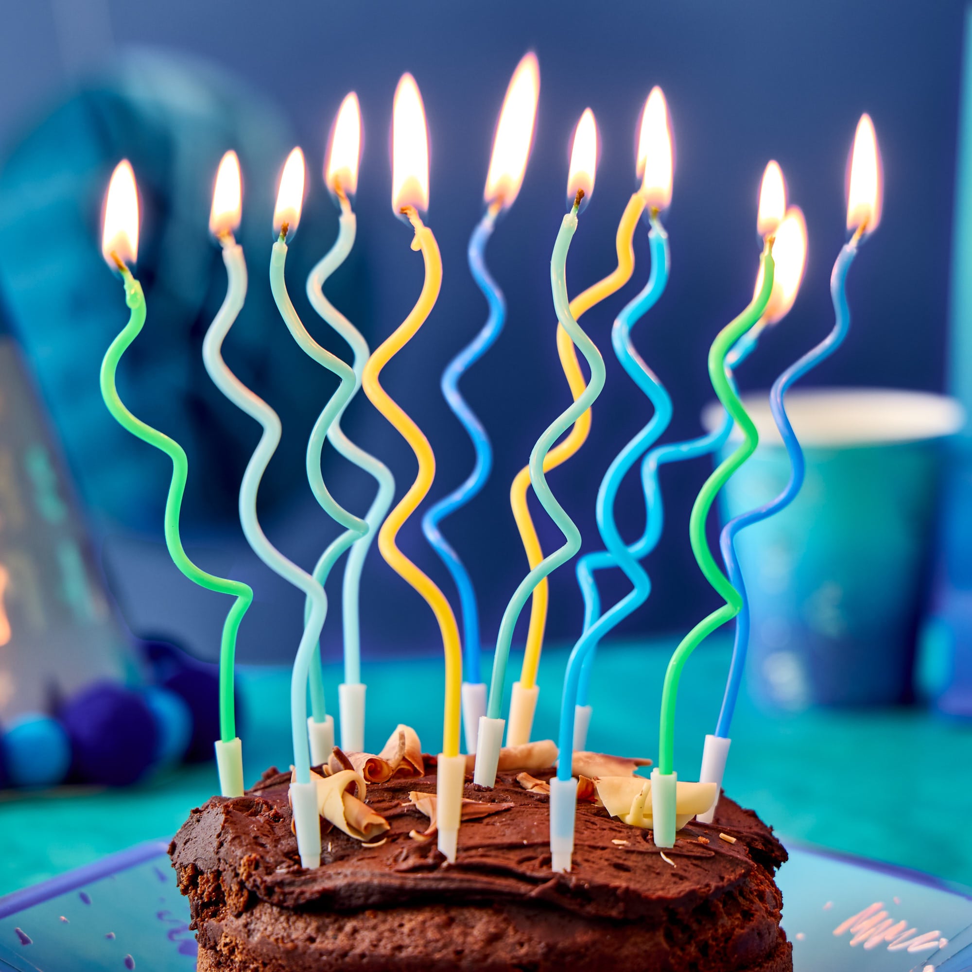 Long Blue, Green & Yellow Swirl Cake Candles - Pack of 12