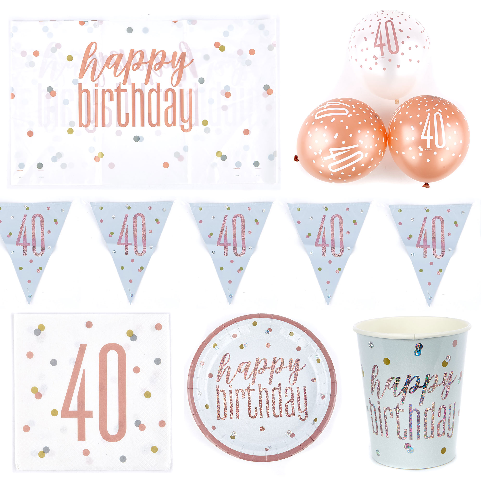 Rose Gold 40th Birthday Tableware & Decoration Bundle - 78 pieces