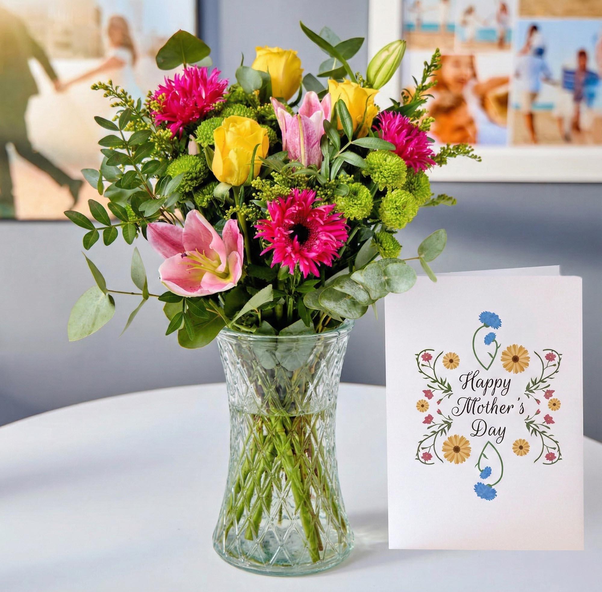 Blossoming Gifts Radiant Glow, Vase & Mother's Day Card - Free Delivery!