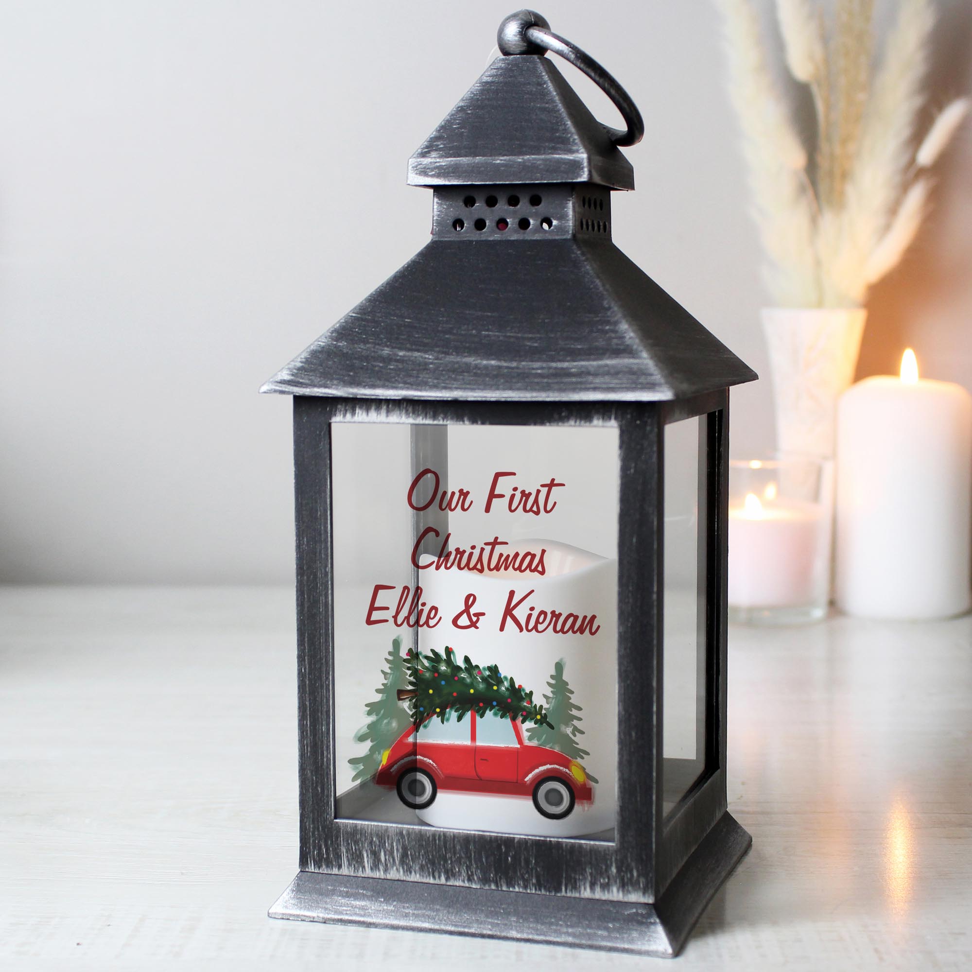 Personalised 'Driving Home For Christmas' Rustic Black Lantern,  Personalised 'Driving Home For Christmas' Rustic Black Lantern